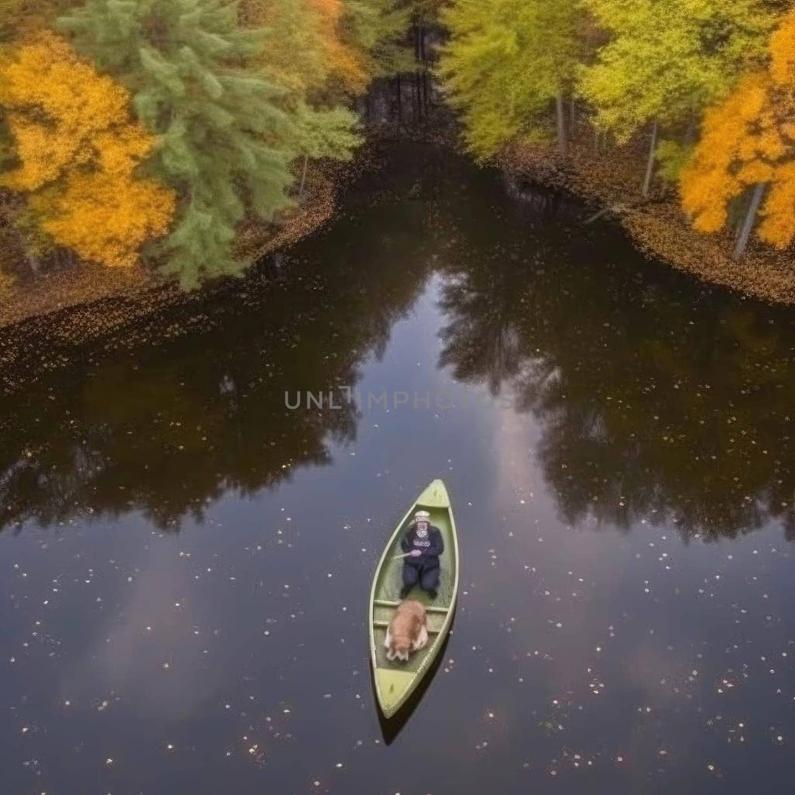 Aerial view of a man and a dog kayaking on a lake in autumn - AI Generated
