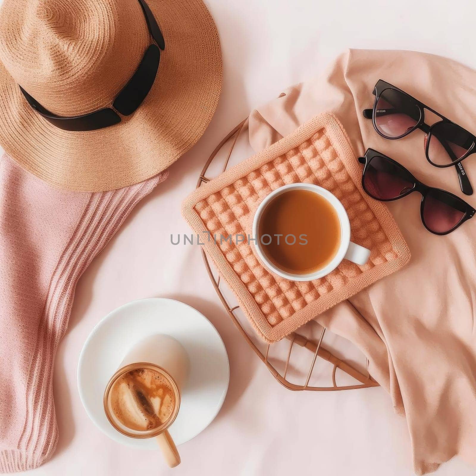 Cup of coffee, hat and sunglasses on pink background - AI Generated