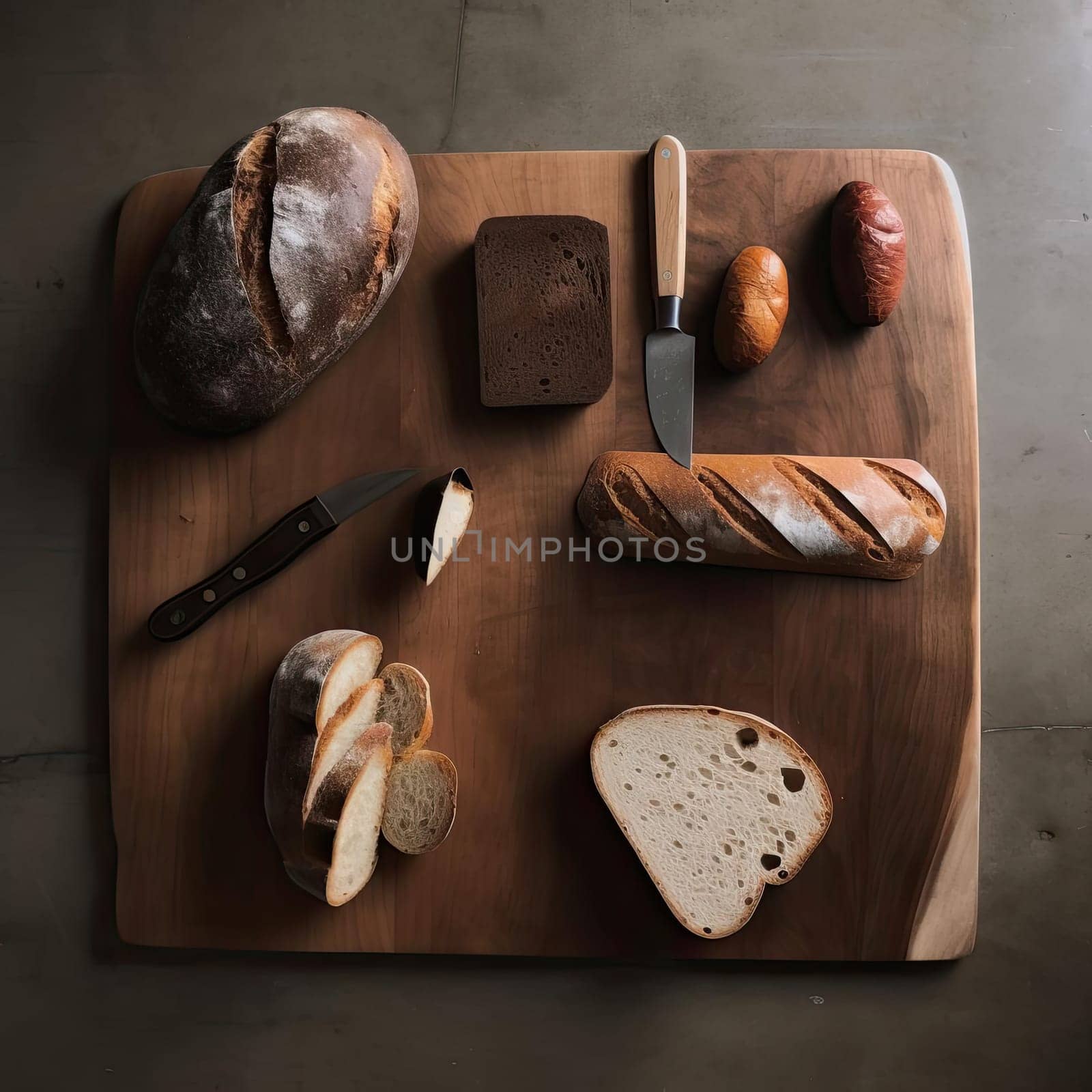 Different types of bread on wooden cutting board with knife, top view - AI Generated