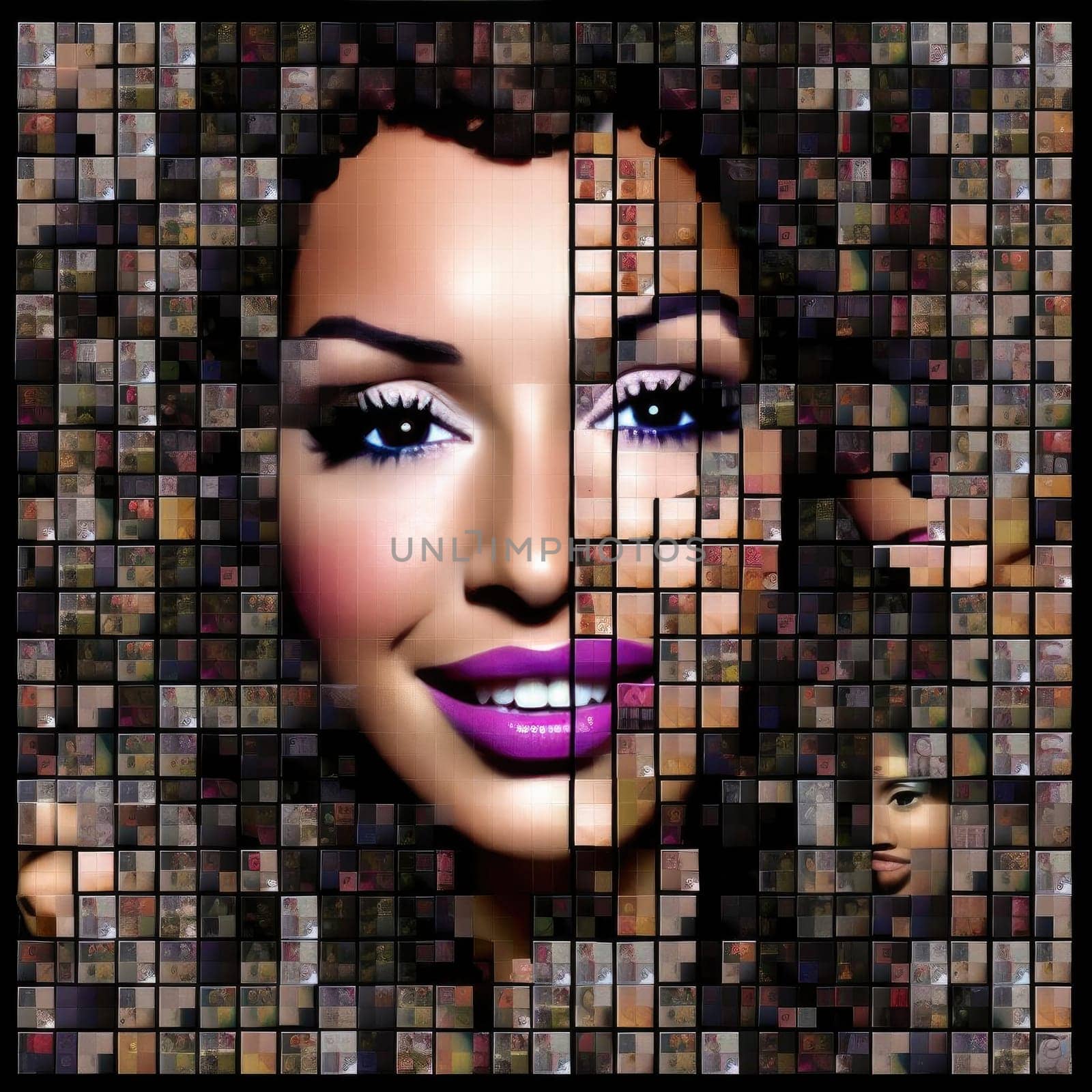 Face of a beautiful woman with bright make-up - multicolor collage - AI Generated