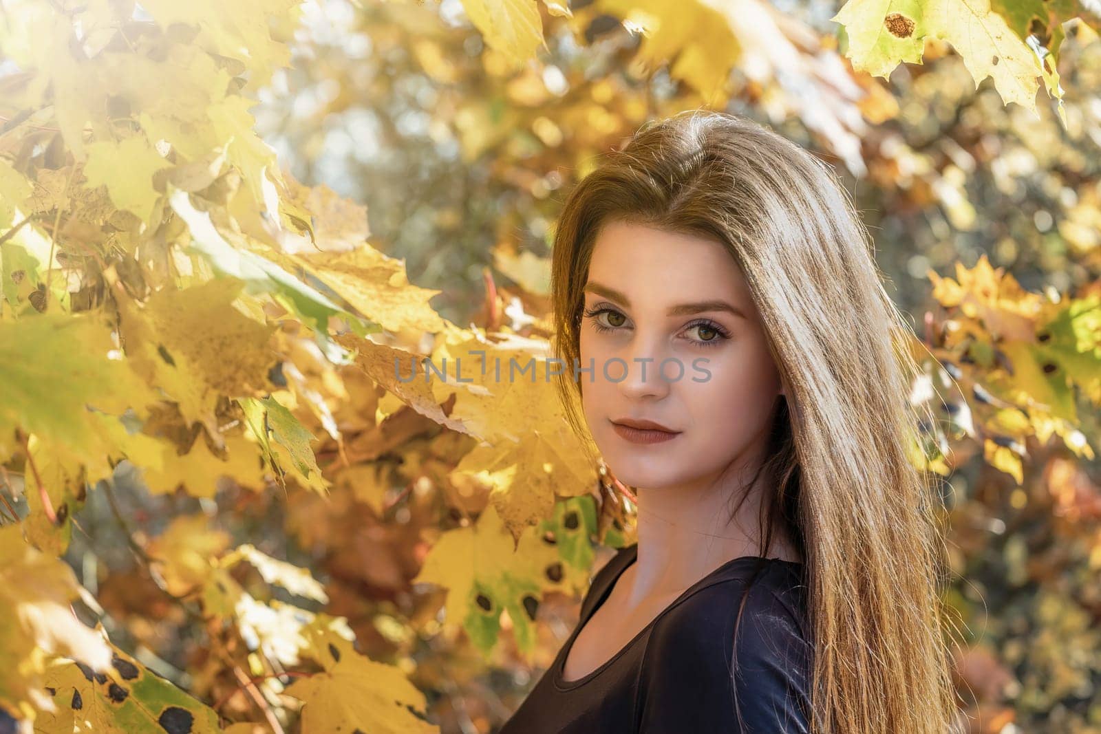 Portrait of attractive long haired girl in the autumn park  Horizontally.