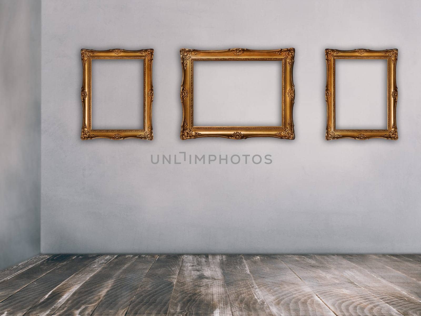 Luxury golden picture frames on rustic walls in vintage empty room. Retro interior design.