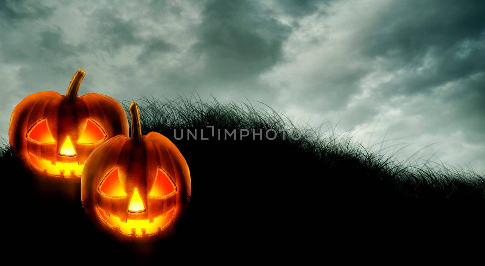 Halloween background wallpaper with jack o lantern scary pumpkins on dark sky. Halloween party invitation design layout. Spooky halloween poster.