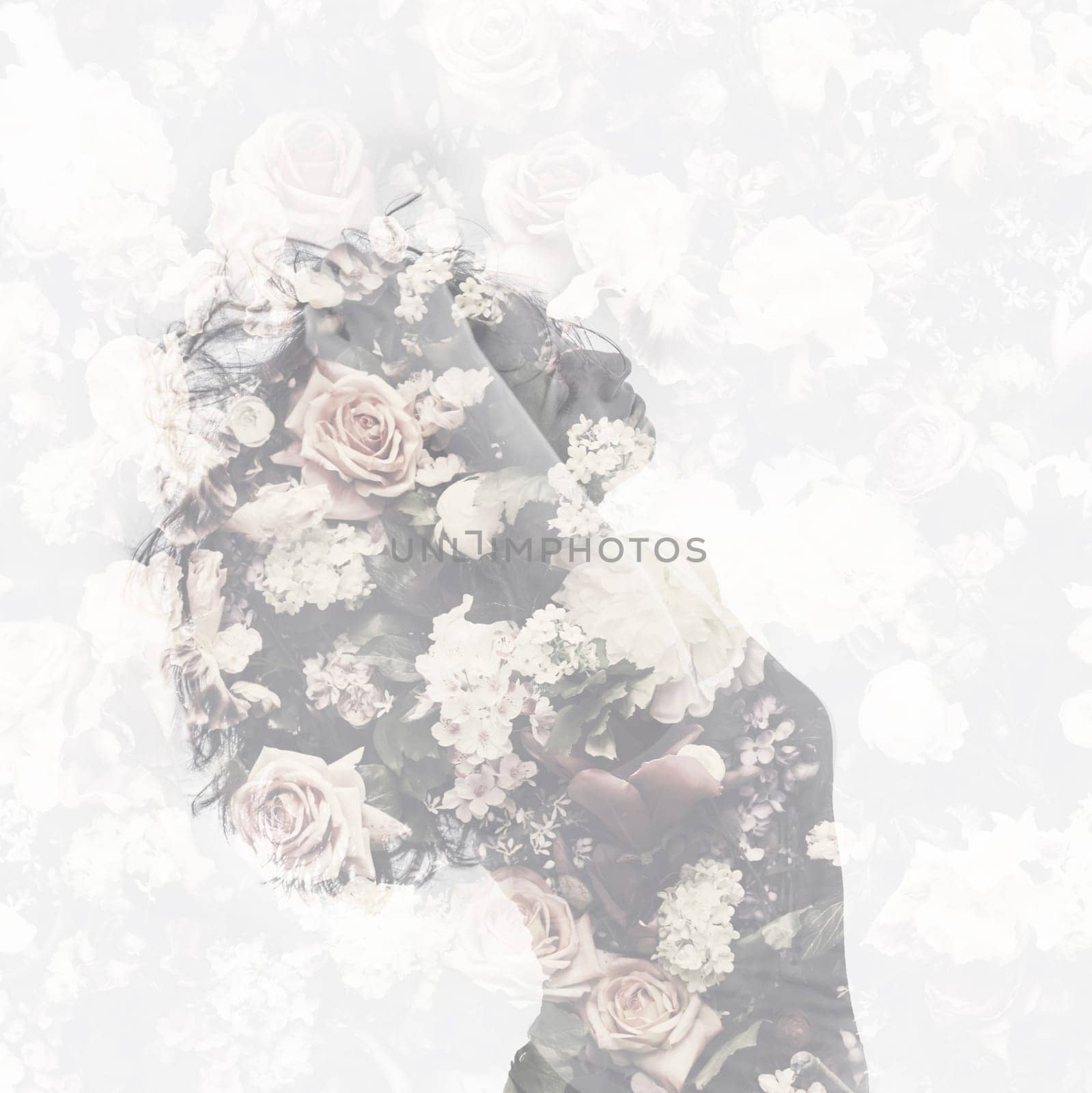 Double exposure with female portrait and vintage flower pattern. Beauty and femininity concept. Beautiful happy woman and floral background design.