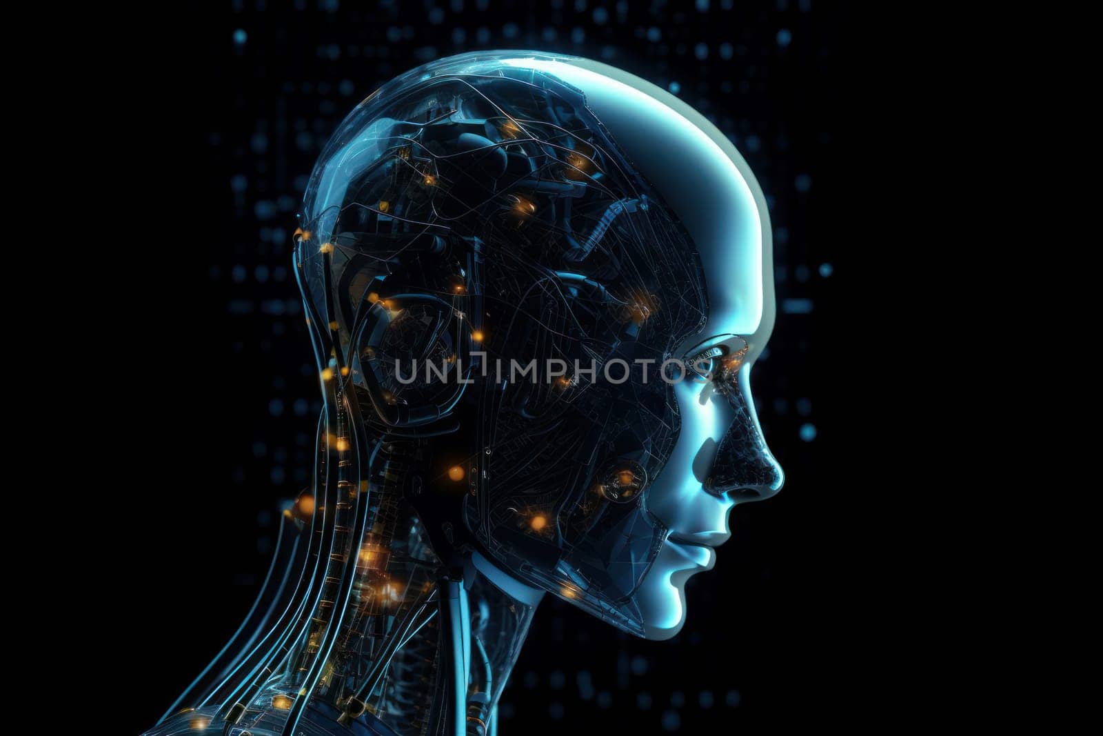A metallic female cyborg head with glowing eyes and digital brain, representing AI and big data processing. Futuristic technology concept. AI Generative.