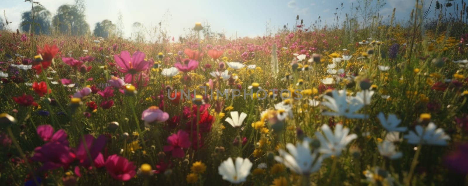 A scenic and picturesque view of a rural flower meadow in full bloom with pink and white cosmos blossoms under a blue sky. AI Generative.