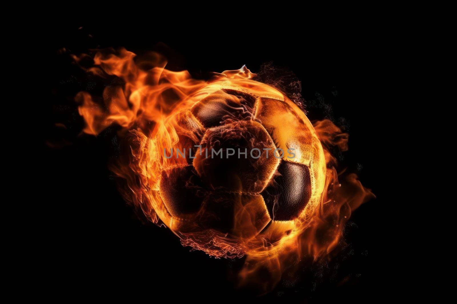 Flaming football on a dark background, the intense heat of competition, the power and speed of the game, AI Generative.