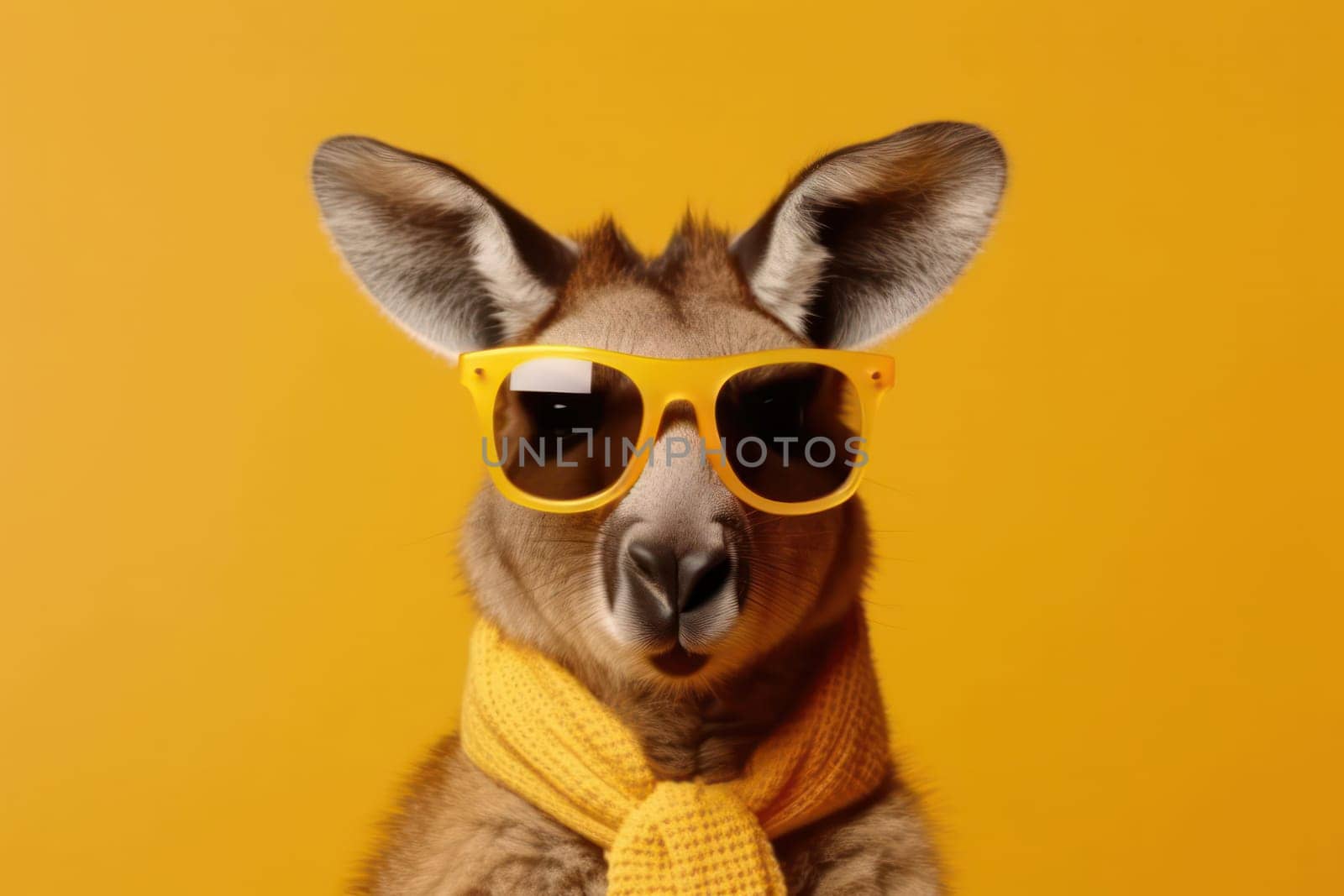 Kangaroo sporting trendy sunglasses and scarf strikes a pose with wild personality, showcasing Australia's unique wildlife. AI Generative.