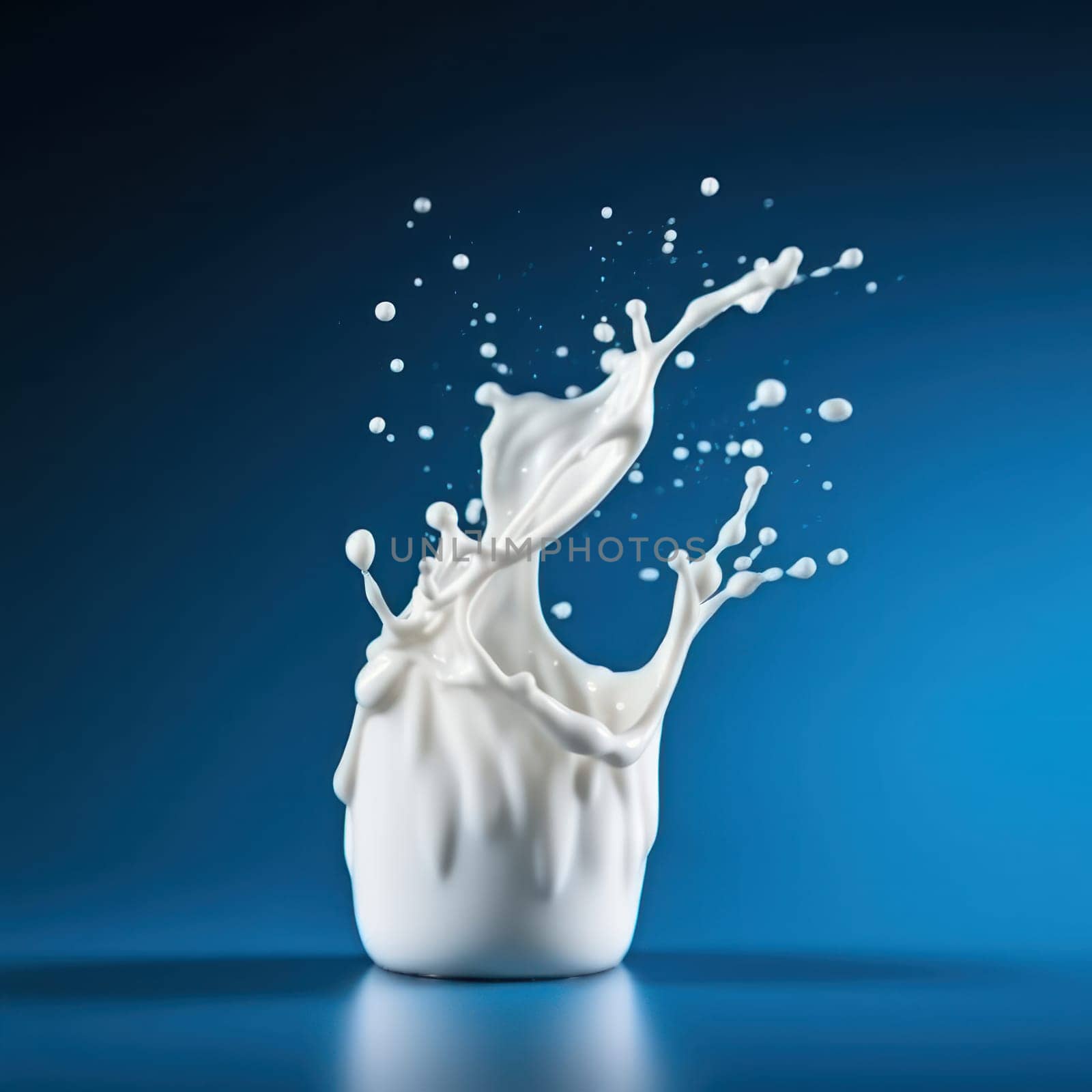 Fresh milk splashing on a blue surface, a perfect representation of purity and contrast is AI Generative.
