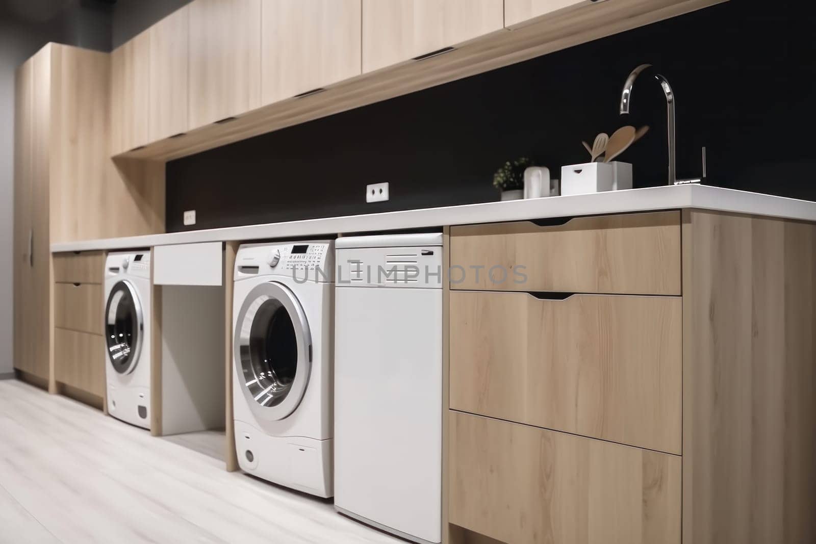 Innovative laundry room design with energy-efficient washer and dryer set, AI Generative.
