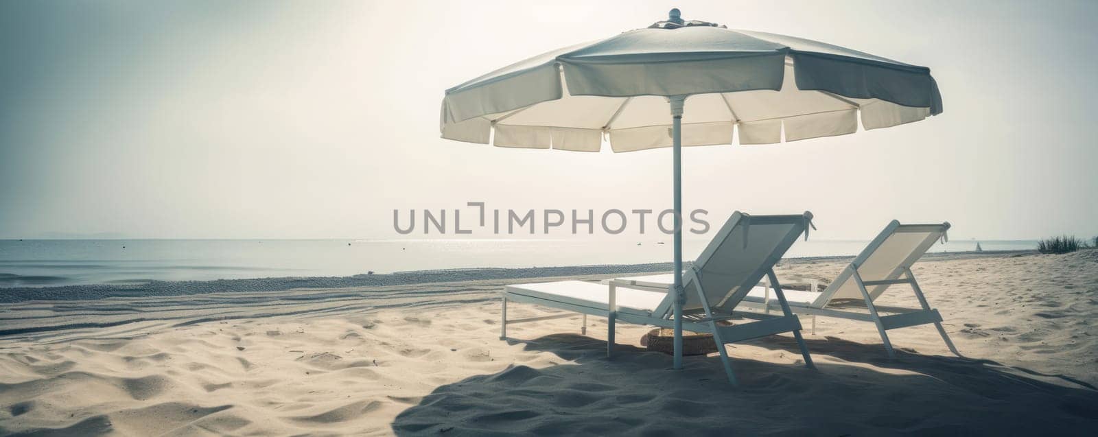 Escape to paradise and soak up the scenic beauty of the ocean from two beach chairs and umbrellas on the tranquil beach. AI Generative.