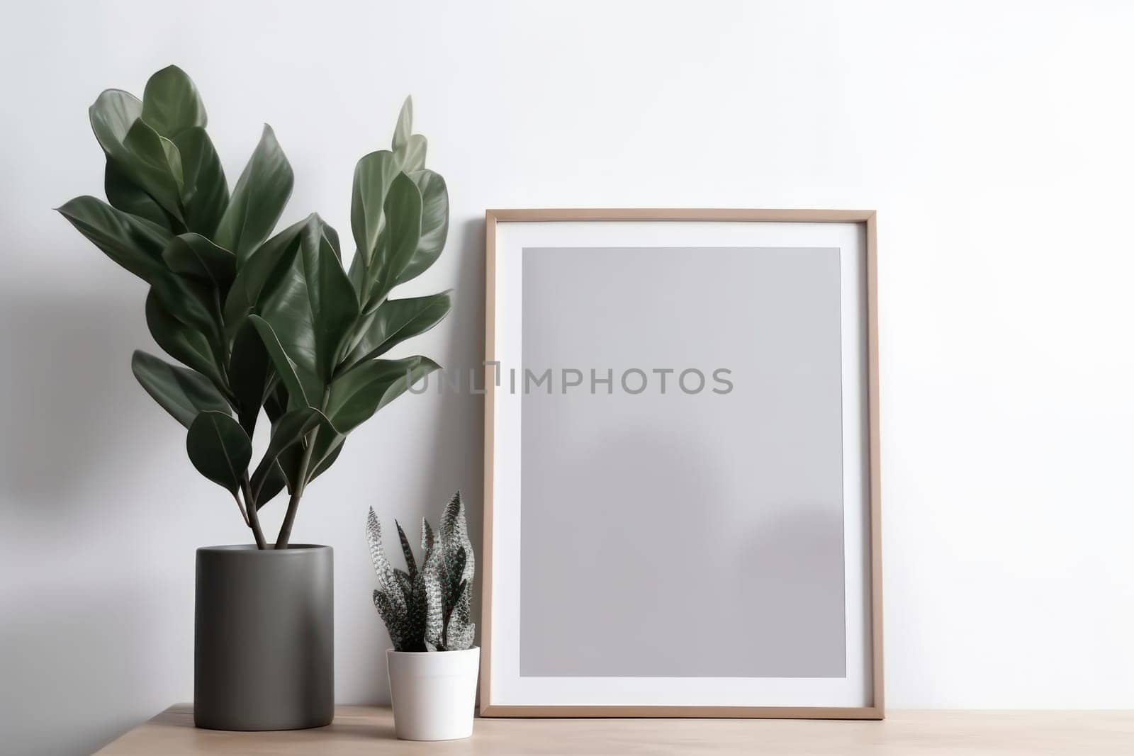 Interior design with a wooden table, potted plant, and mockup frame. Generative AI technology enhances the photo's aesthetic appeal.