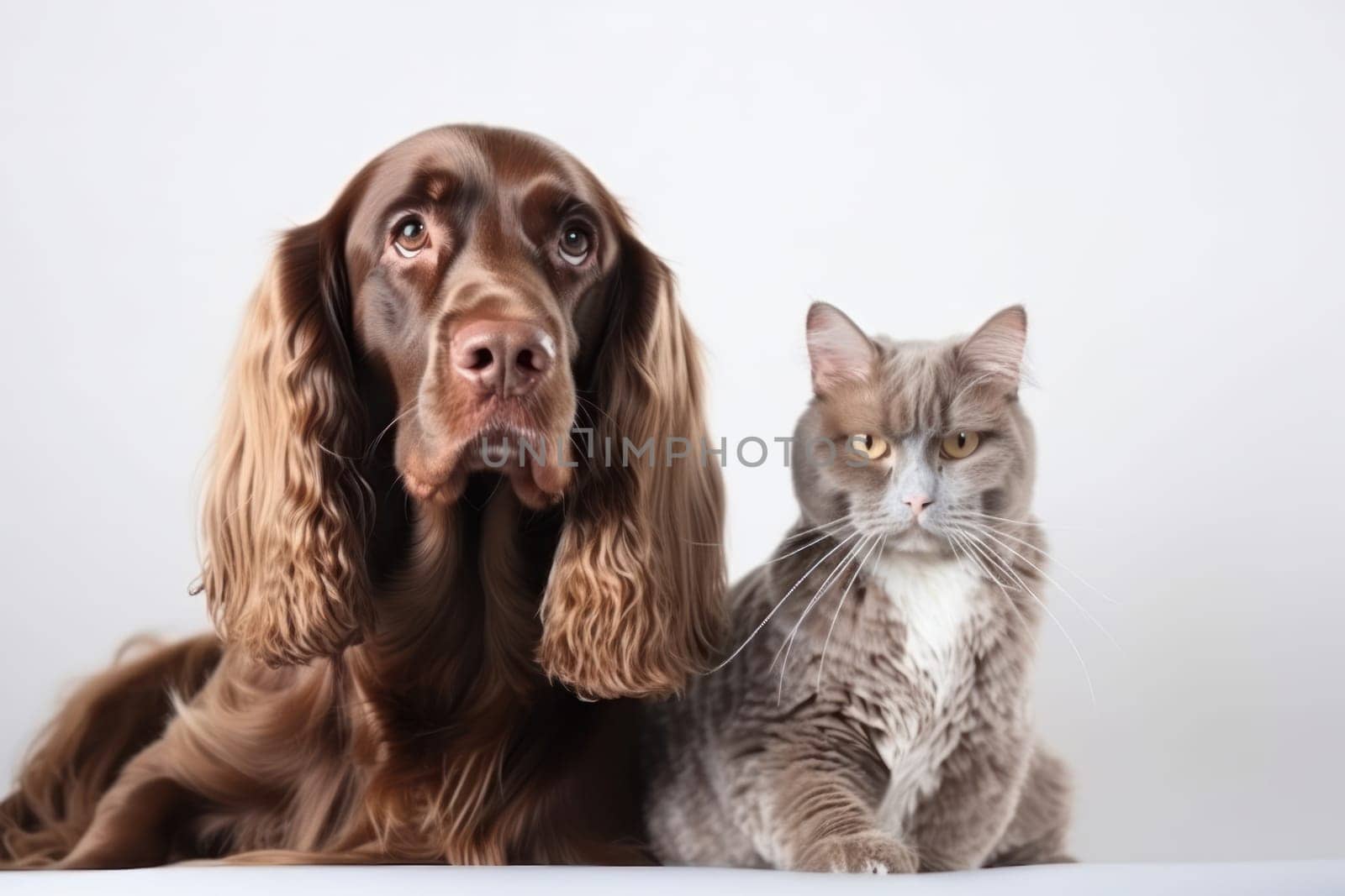A heartwarming moment of furry love and trust between a dog and cat, as they sit together with peaceful expressions. - AI Generative