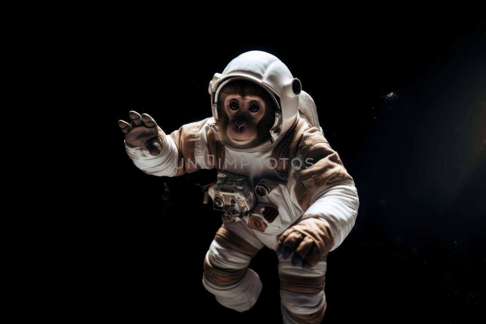 Primate in a space suit and helmet, symbolizing the evolutional journey of humans to explore the depths of space. is AI Generative