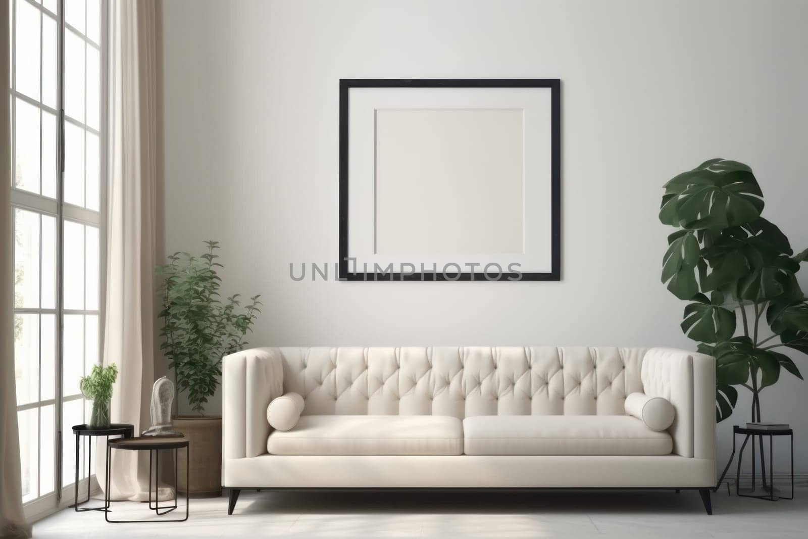 Relaxing in a serene living room with a cozy white couch and natural light pouring in through the window. Perfect for unwinding after a long day. AI Generative.