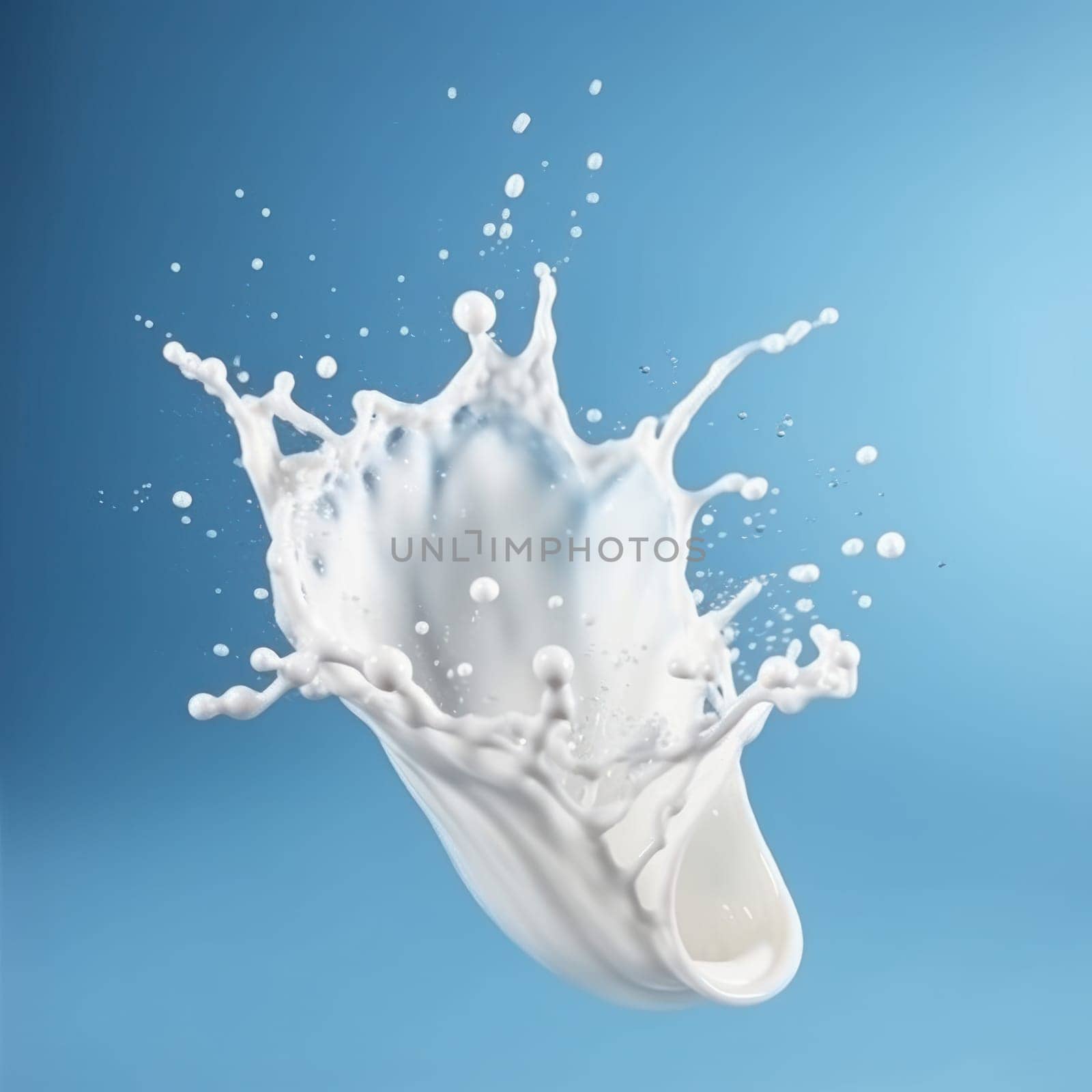 Milk splash on a blue surface, creating a perfect contrast between liquid and color is AI Generative.
