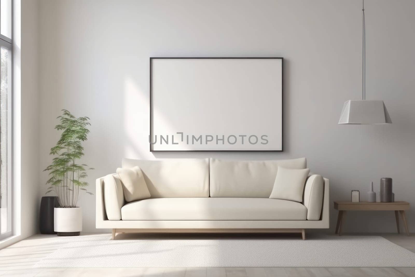 This modern living room features a comfortable white couch, clean lines, and natural light for a bright and refreshing atmosphere. AI Generative.