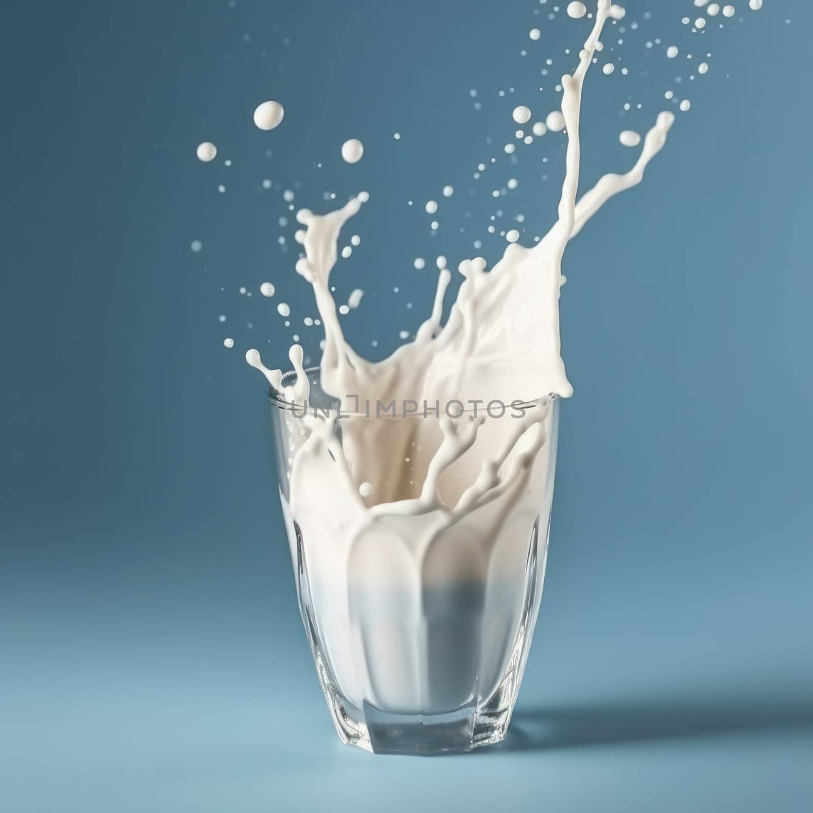 An artistic composition of milk splash on blue surface, perfect for modern kitchen design is AI Generative.