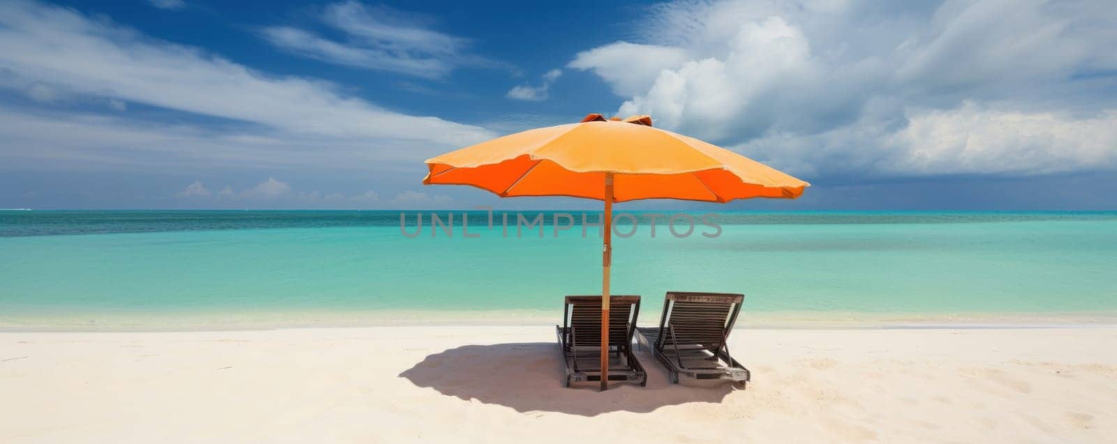 Bask in warmth of sun and the beauty of a white sand beach with beach chairs and an umbrella, set against a mesmerizing blue sky and ocean. Perfect for resort and vacation concepts. AI Generative.