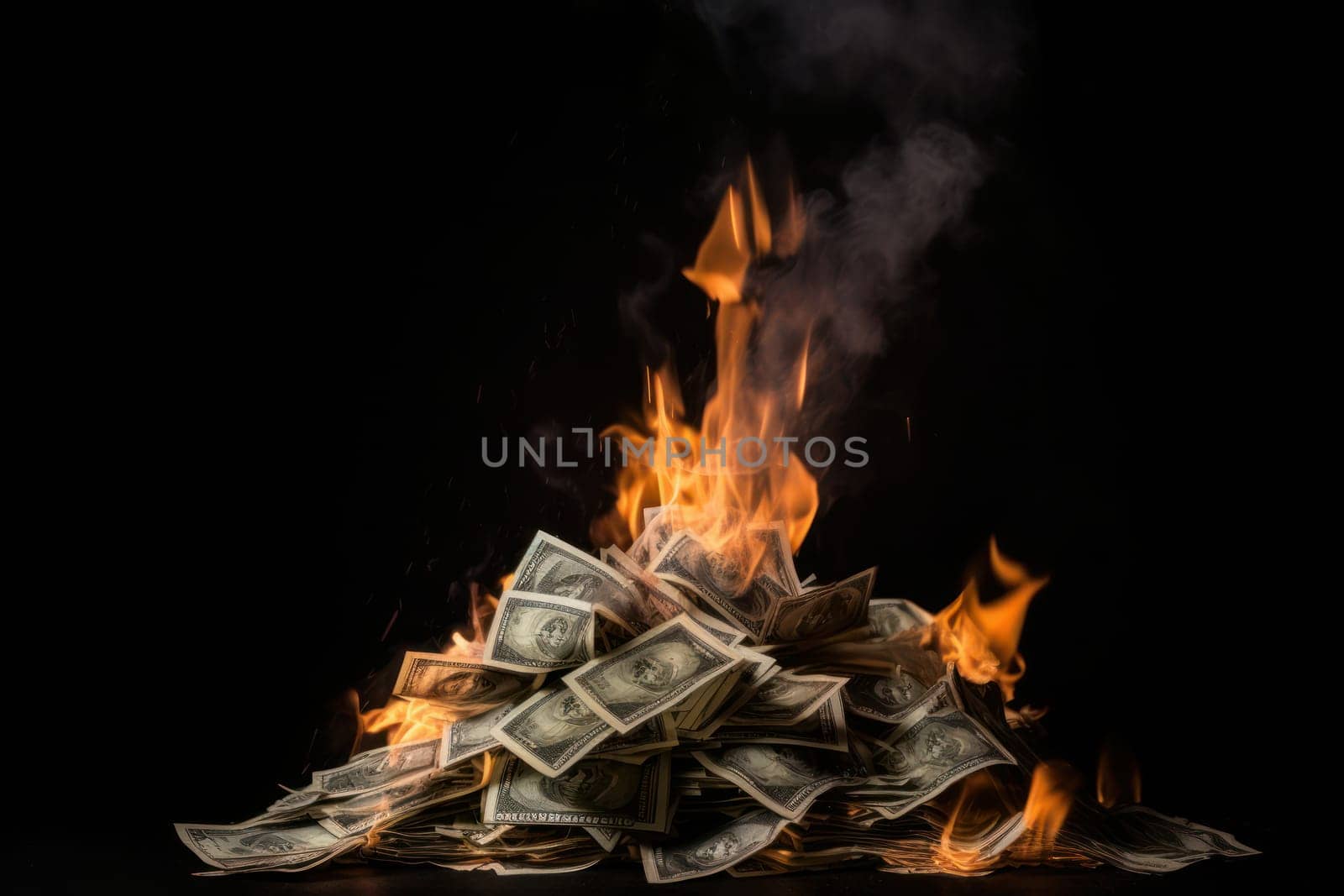 A fiery crisis in the economy as burning money ignites a pile of cash, representing financial risk and inflation AI Generative.