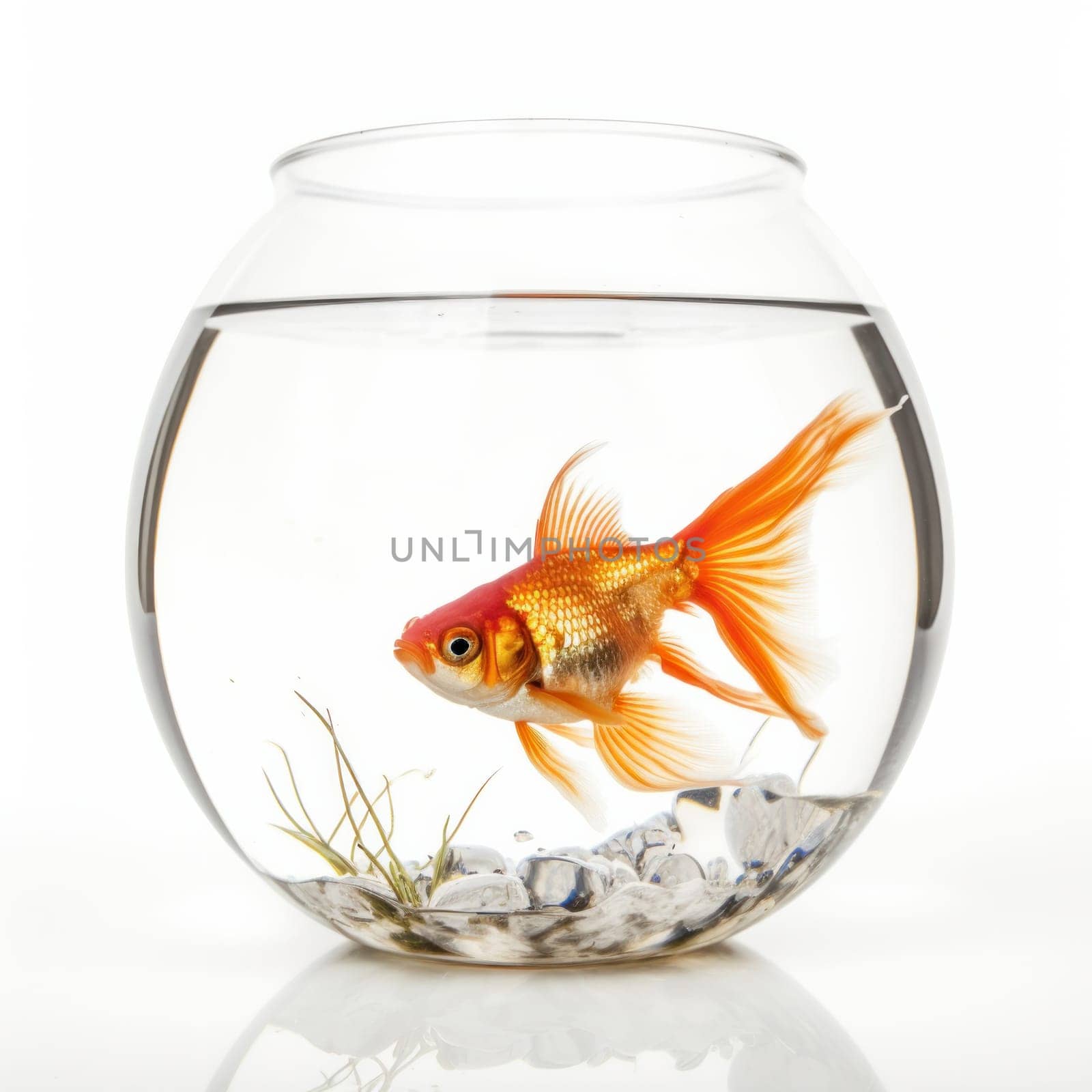 Serene and calming, this goldfish swims peacefully in a clear glass bowl, creating a soothing atmosphere. AI Generative.