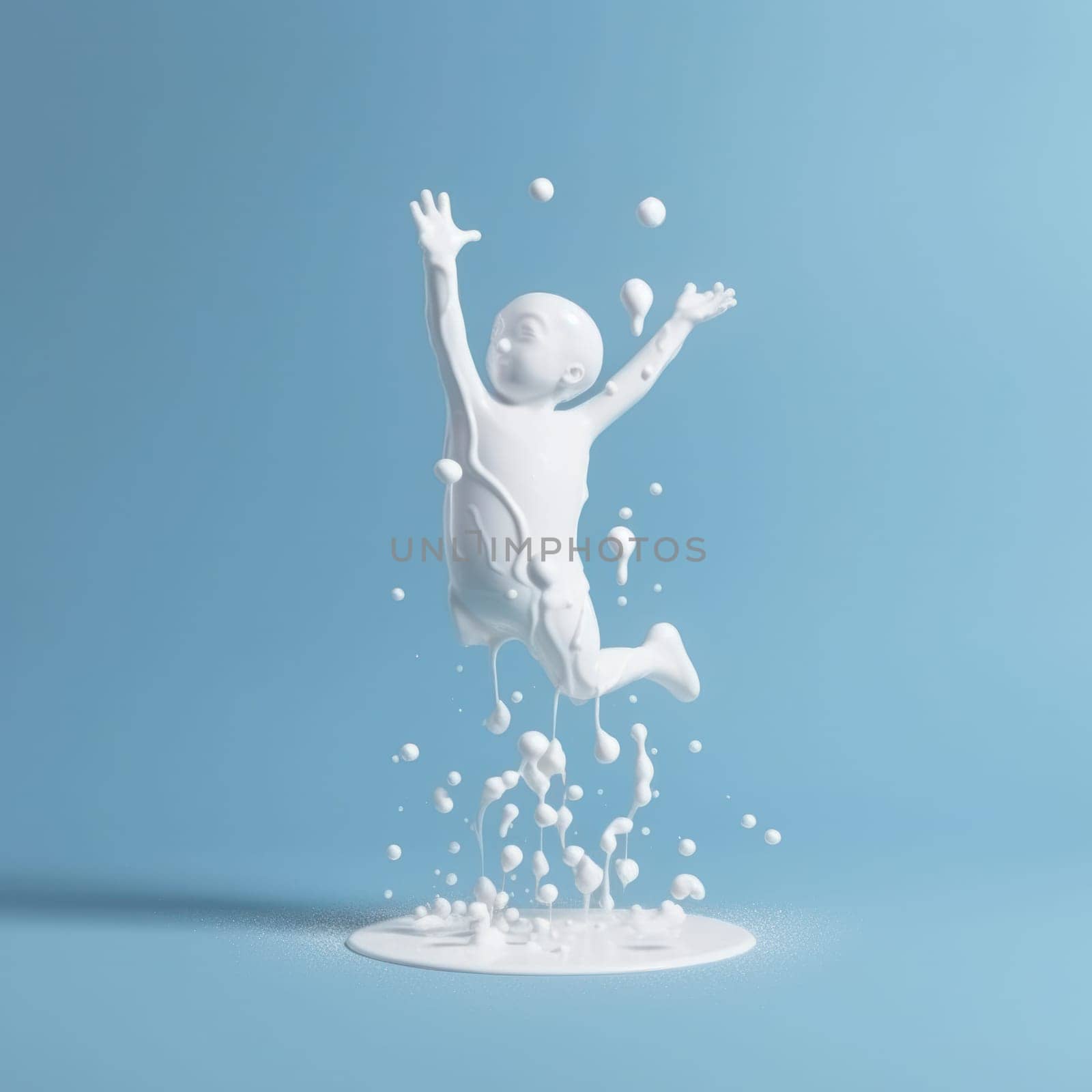 Creative high-speed photography captures the contrast of white liquid splashing against a vibrant blue background, creating an explosion of vibrancy and freshness. AI Generative