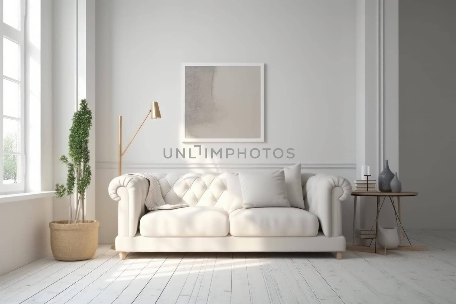 A bright and airy living room with a comfortable white couch and natural light streaming in through the window creates a relaxing and inviting space. AI Generative.