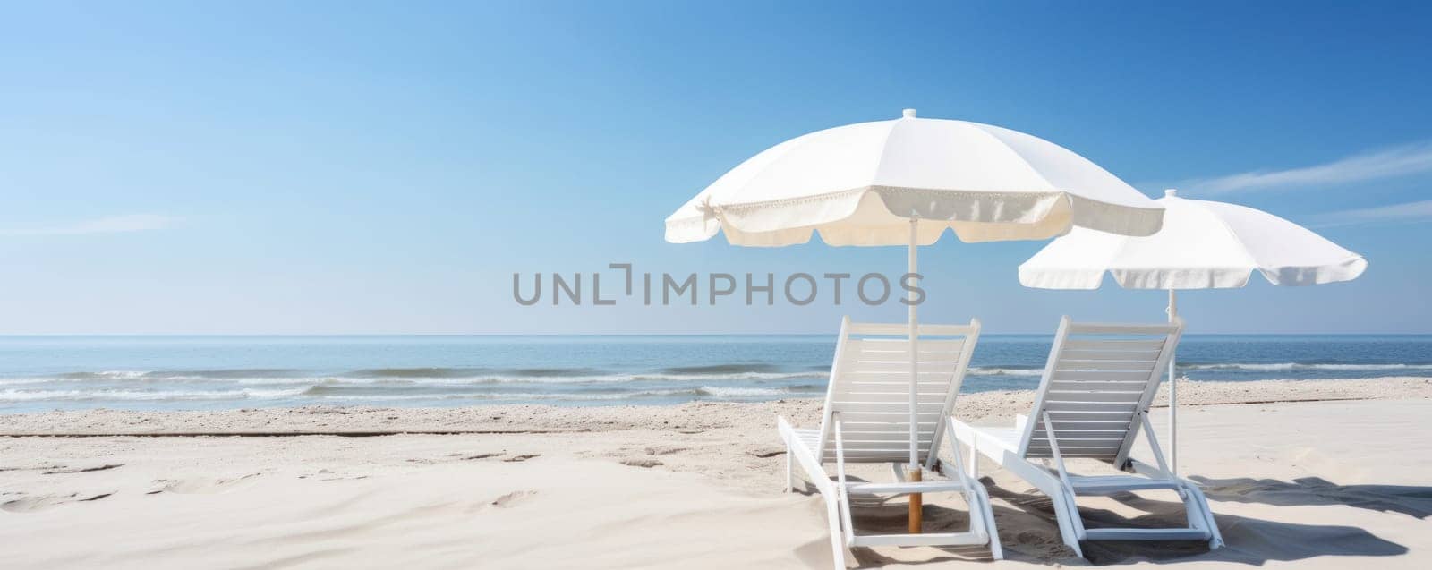 Experience the beauty of the coastal scenery with two beach chairs and umbrellas on the sandy shore overlooking the sparkling ocean. AI Generative