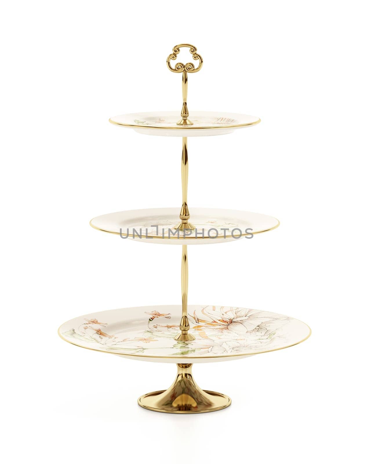 Porcelain cupcake plates isolated on white background. 3D illustration.