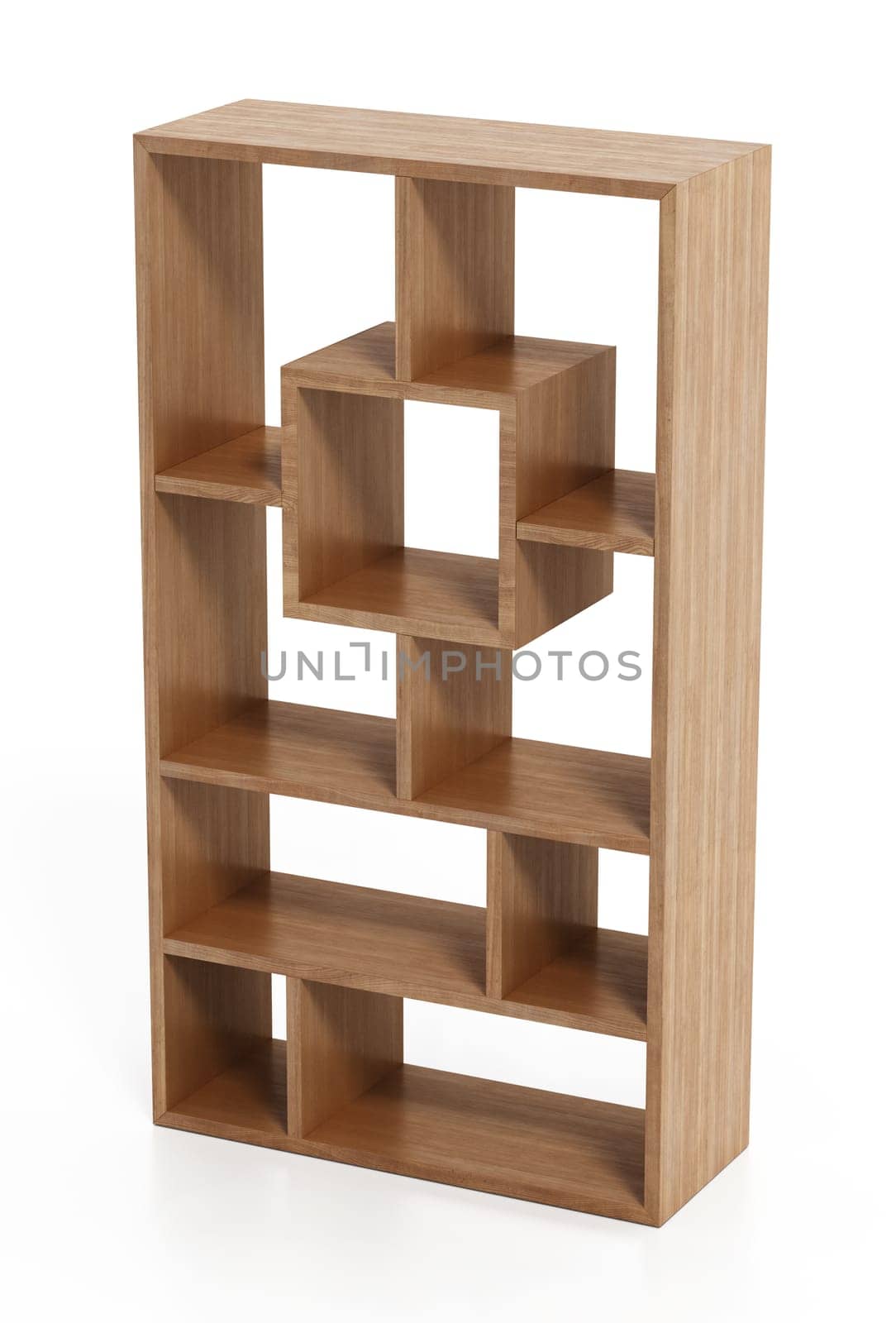 Modern bookshelf isolated on white background. 3D illustration.