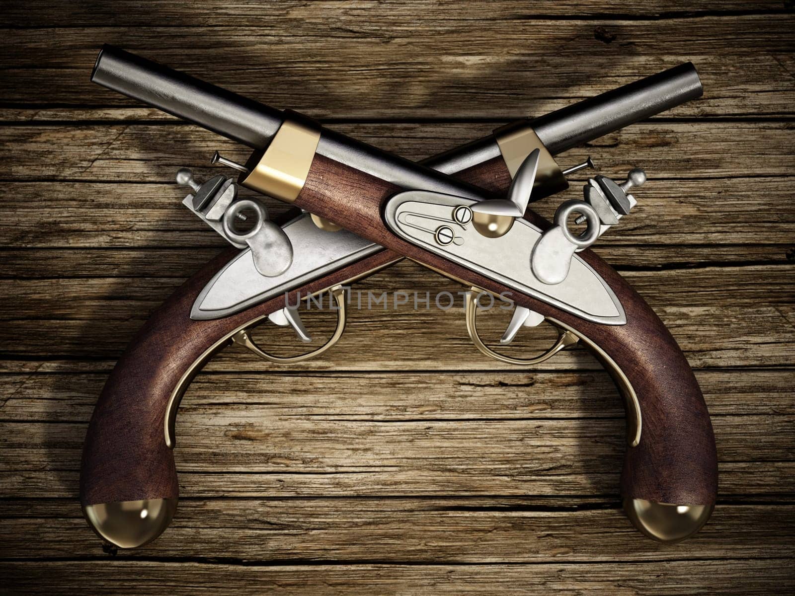 Crossed flintlock pistols on old wooden background. 3D illustration.
