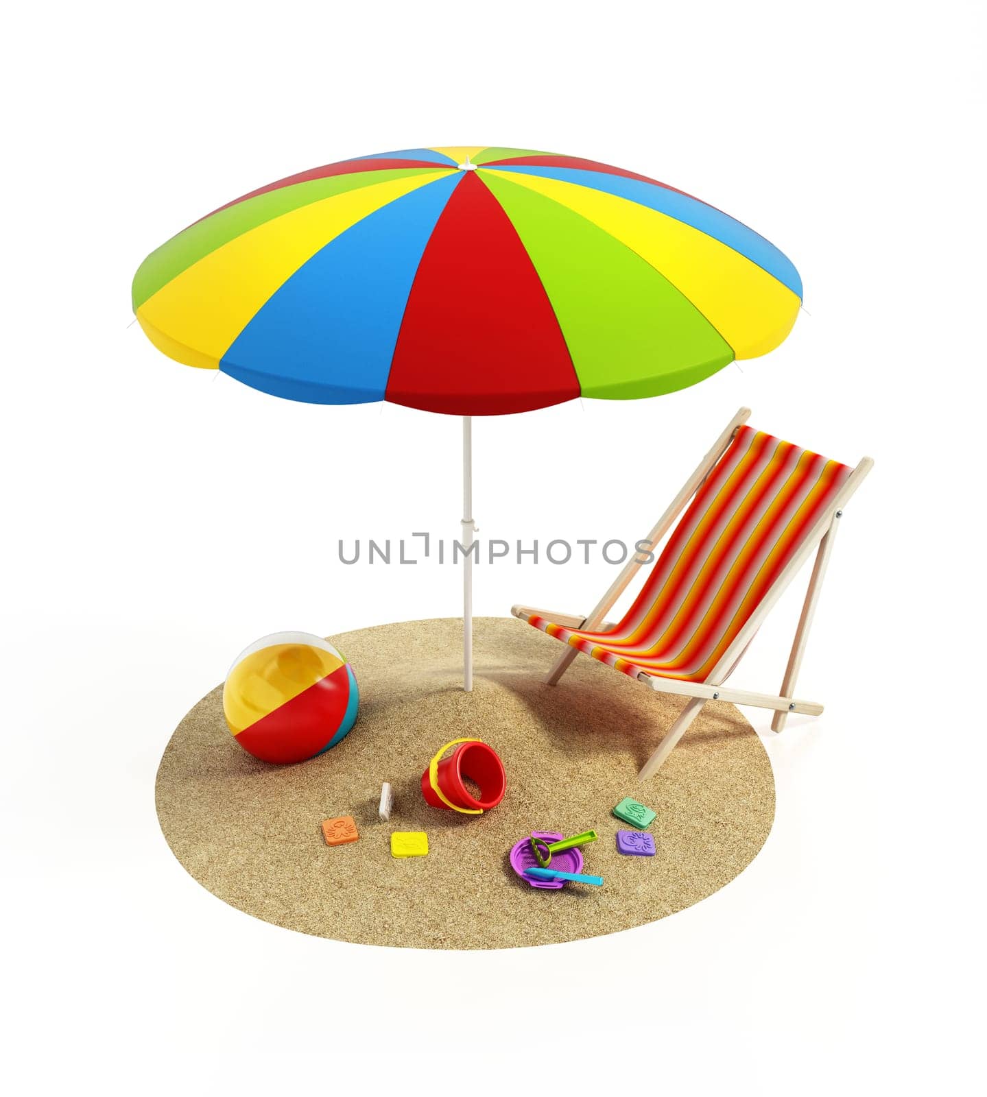 Beach parasol, sun chair and beach toys isolated on white background. 3D illustration.