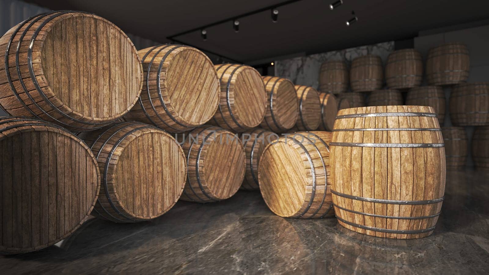 Groups of old oak barrels inside wine cellar. 3D illustration.