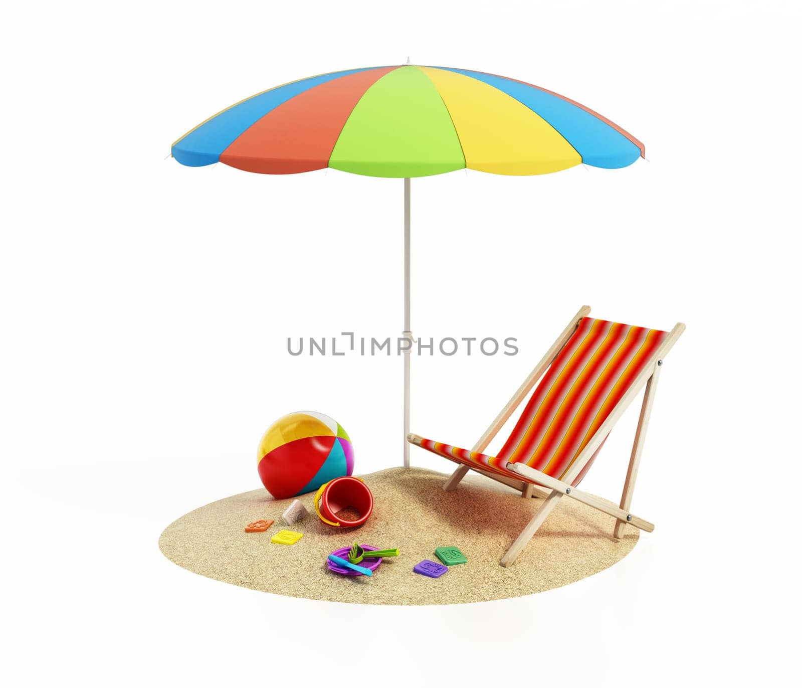 Beach parasol, sun chair and beach toys isolated on white background. 3D illustration.