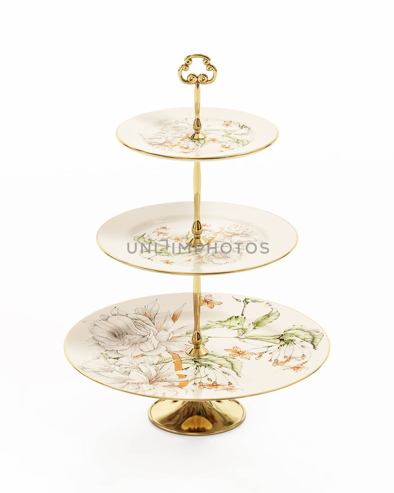 Porcelain cupcake plates isolated on white background. 3D illustration.