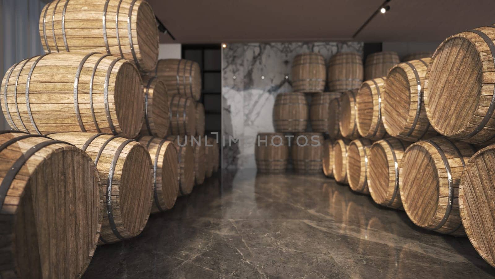 Groups of old oak barrels inside wine cellar. 3D illustration.