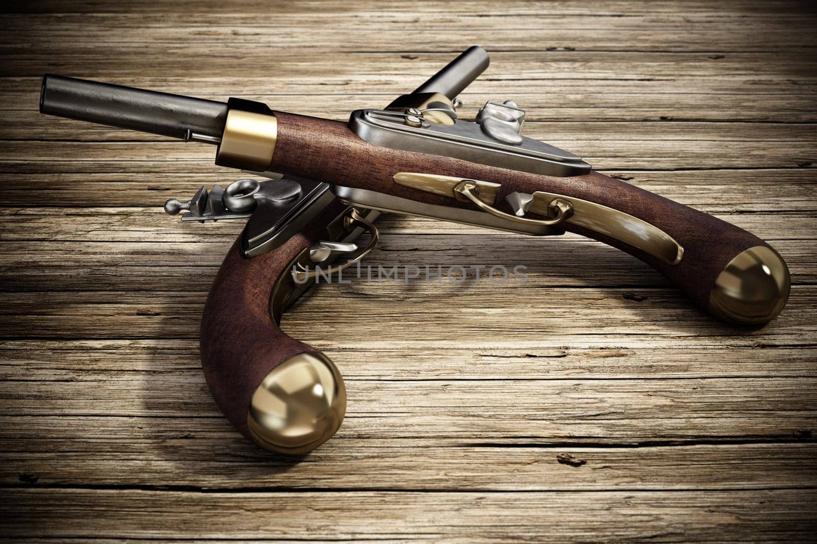Crossed flintlock pistols on old wooden background. 3D illustration.