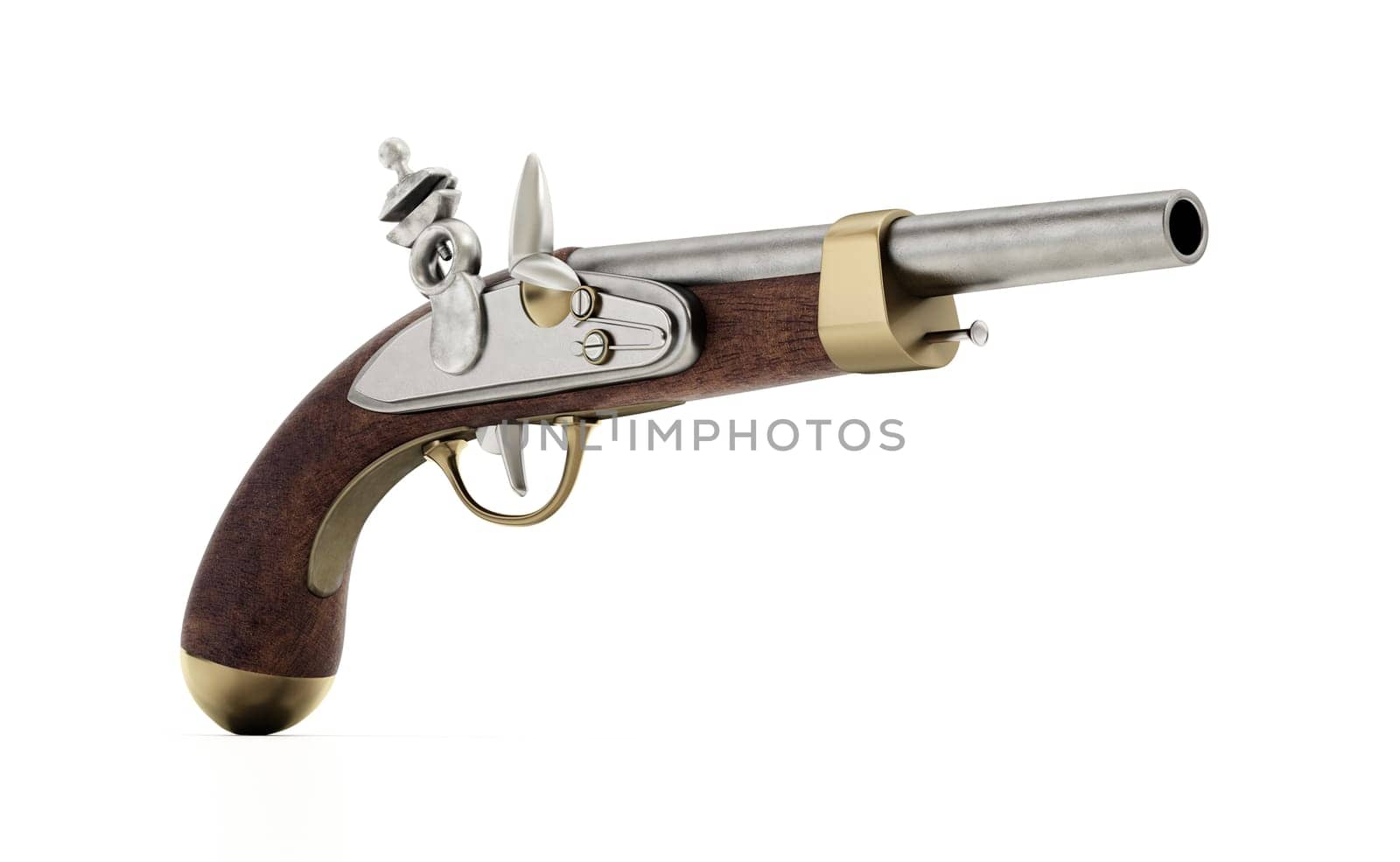 Flintlock pistol isolated on white background. 3D illustration.