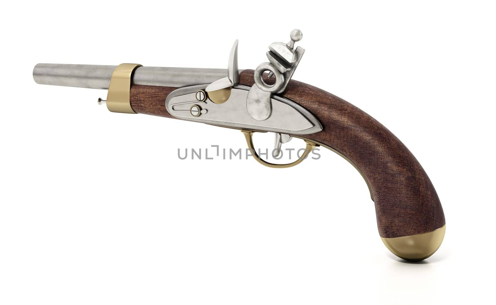 Flintlock pistol isolated on white background. 3D illustration.