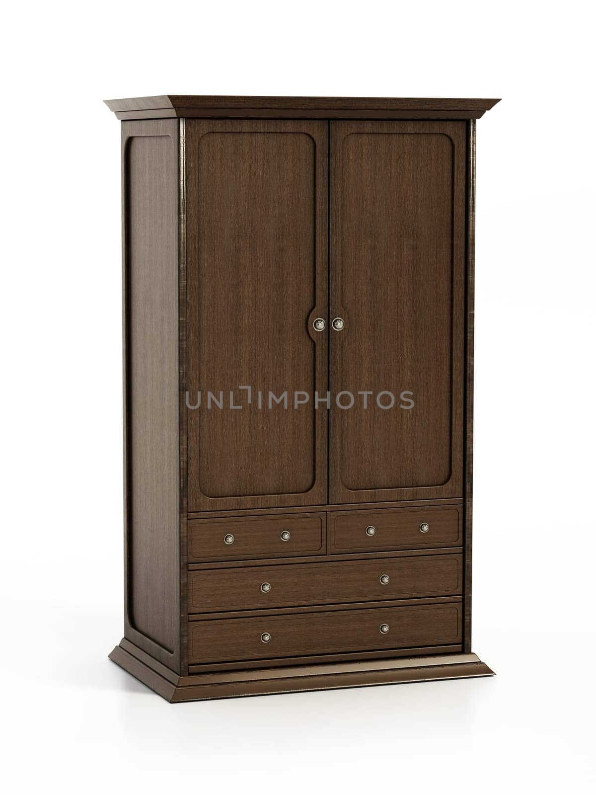 Vintage style wooden wardrobe isolated on white background. 3D illustration.