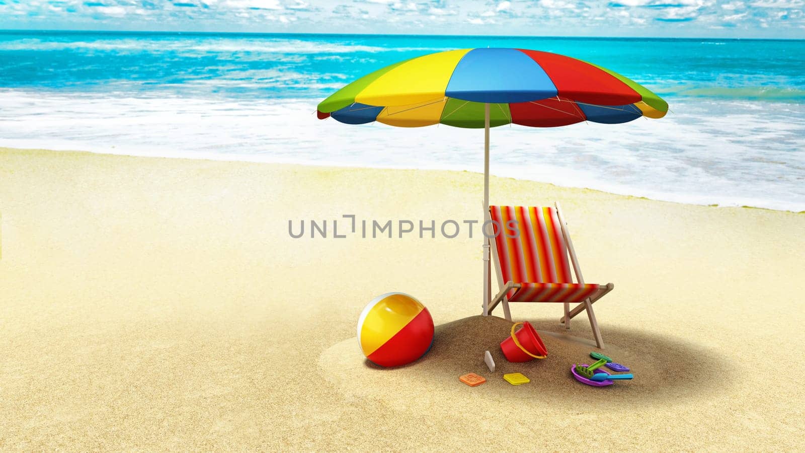 Beach parasol, sun chair and beach toys by the seashore. 3D illustration.