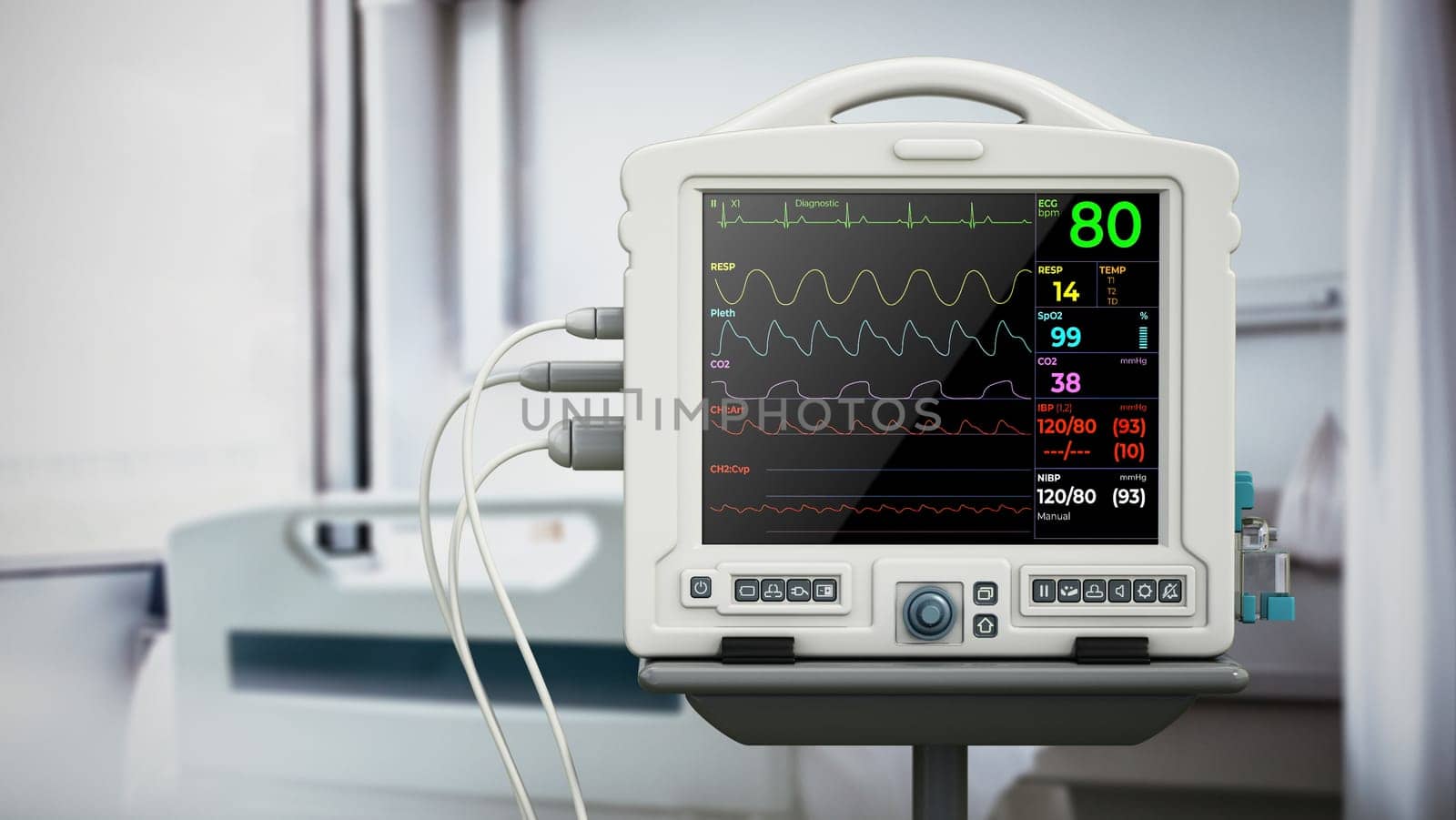 Patient monitor standing near the bed in a hospital room. 3D illustration.