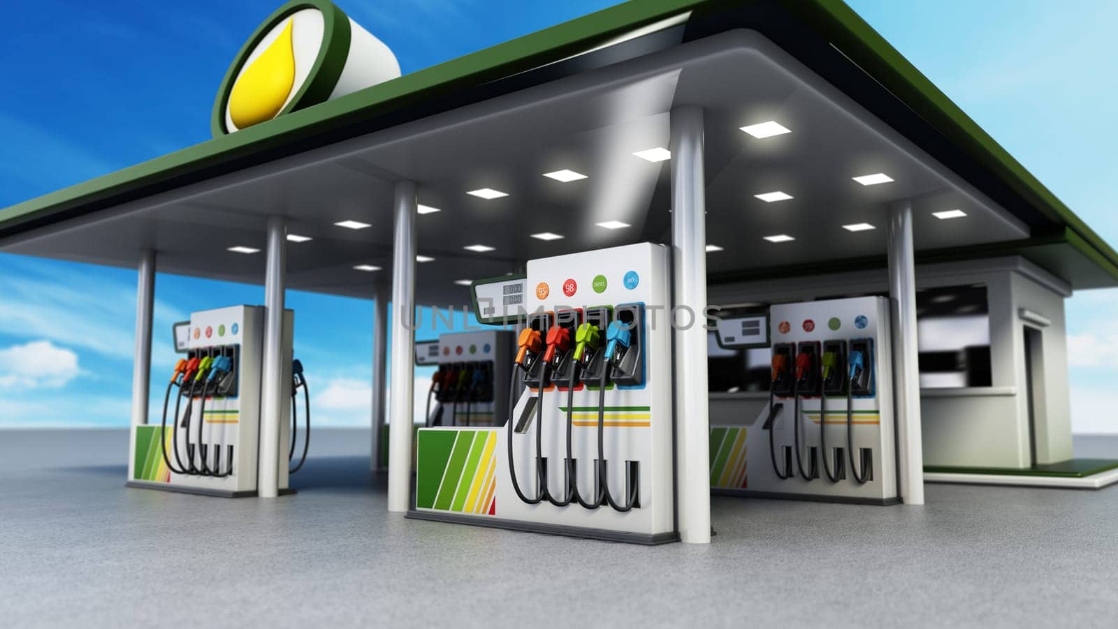 Gas station with rows of fuel pumps 3D illustration.