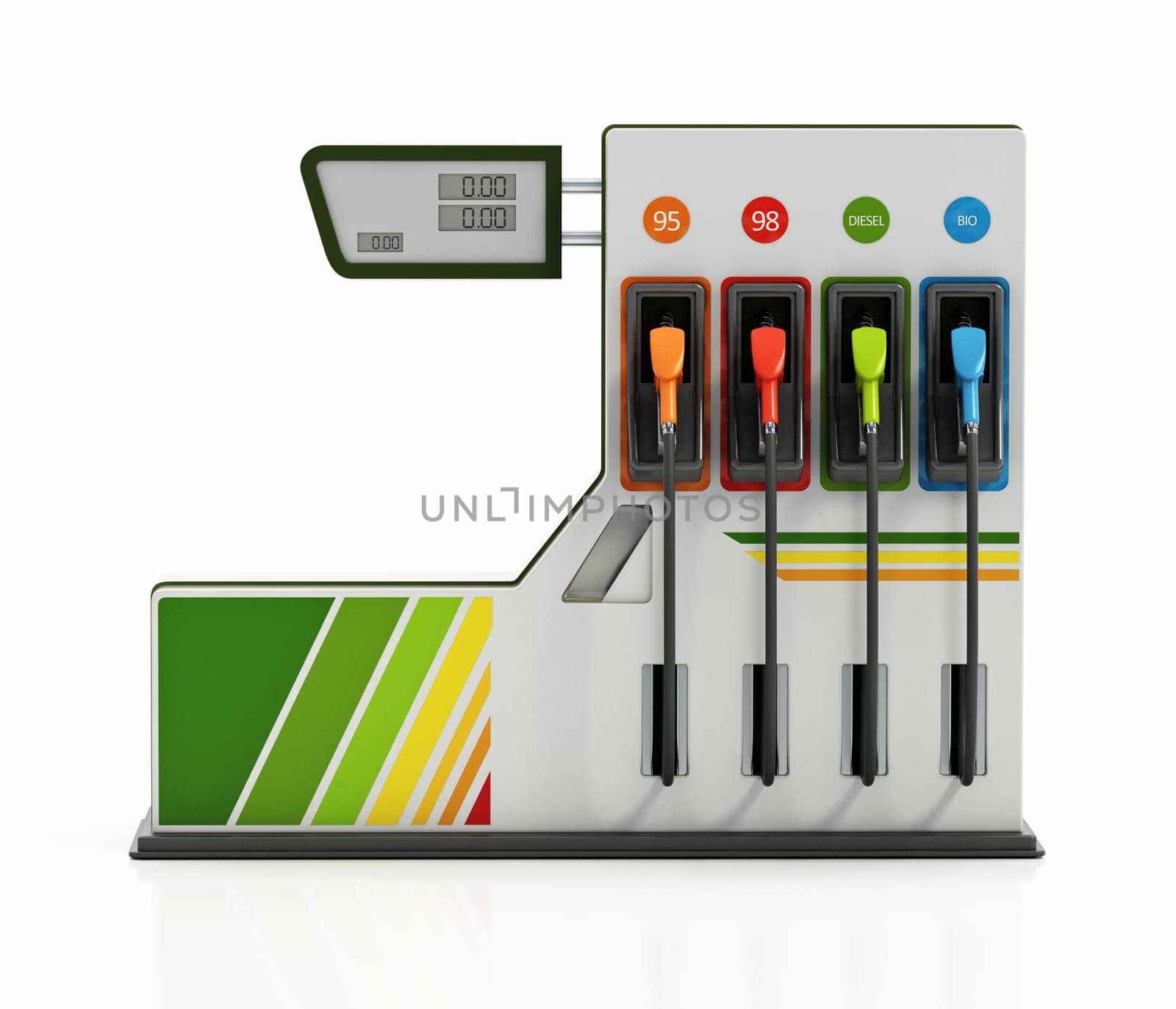Gas station fuel pump isolated on white background. 3D illustration.