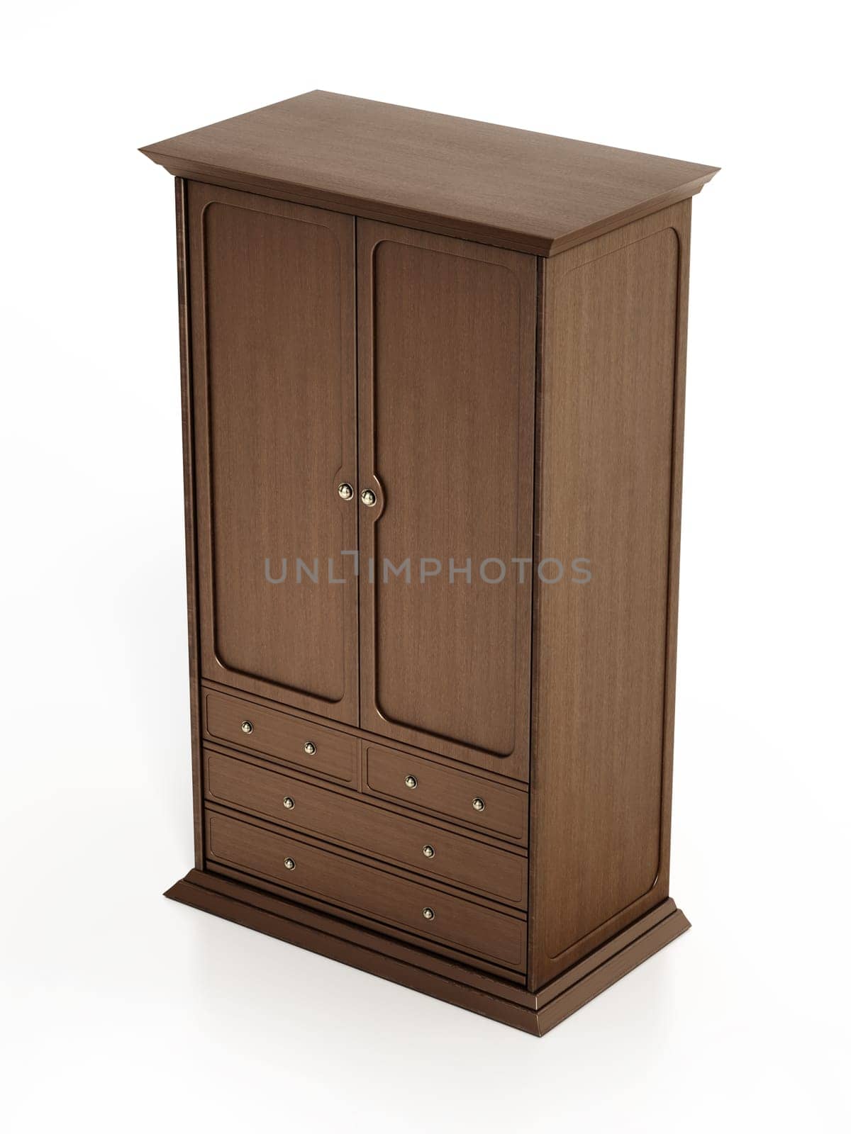 Vintage style wooden wardrobe isolated on white background. 3D illustration.