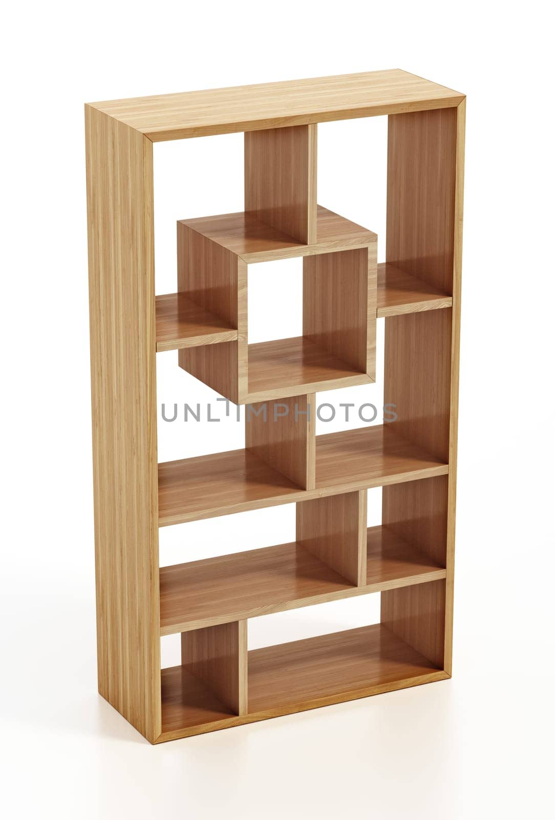 Modern bookshelf isolated on white background. 3D illustration.