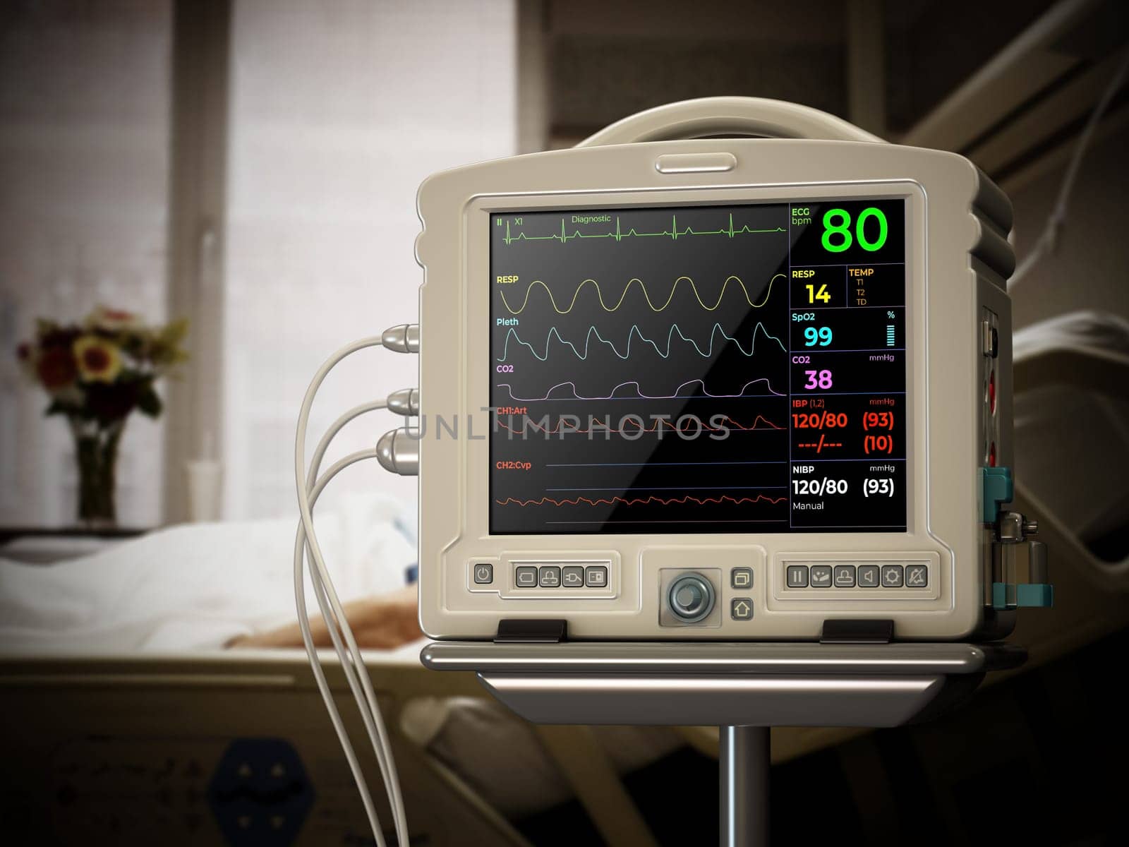 Patient monitor standing near the bed in a hospital room. 3D illustration.