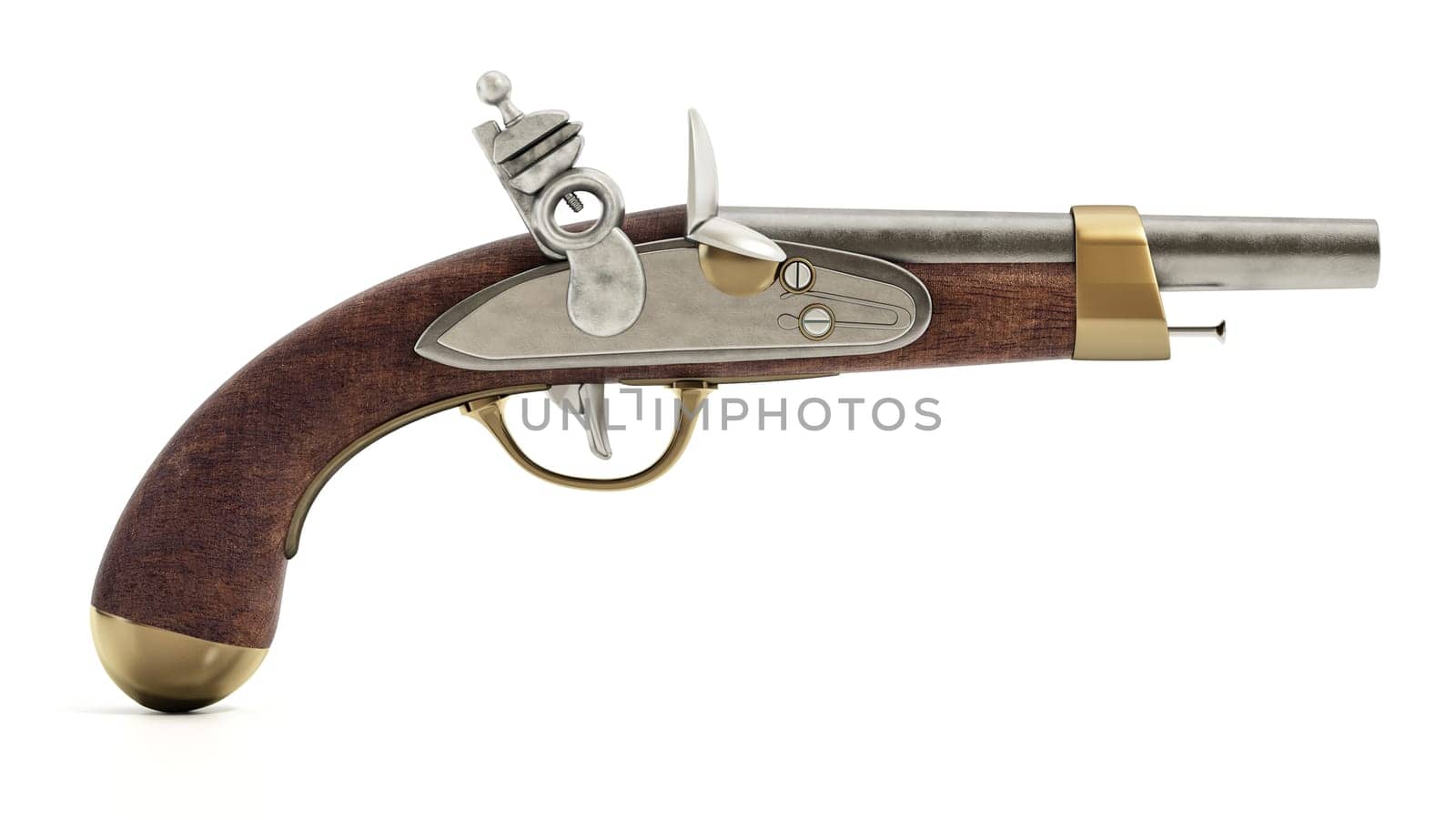 Flintlock pistol isolated on white background. 3D illustration.