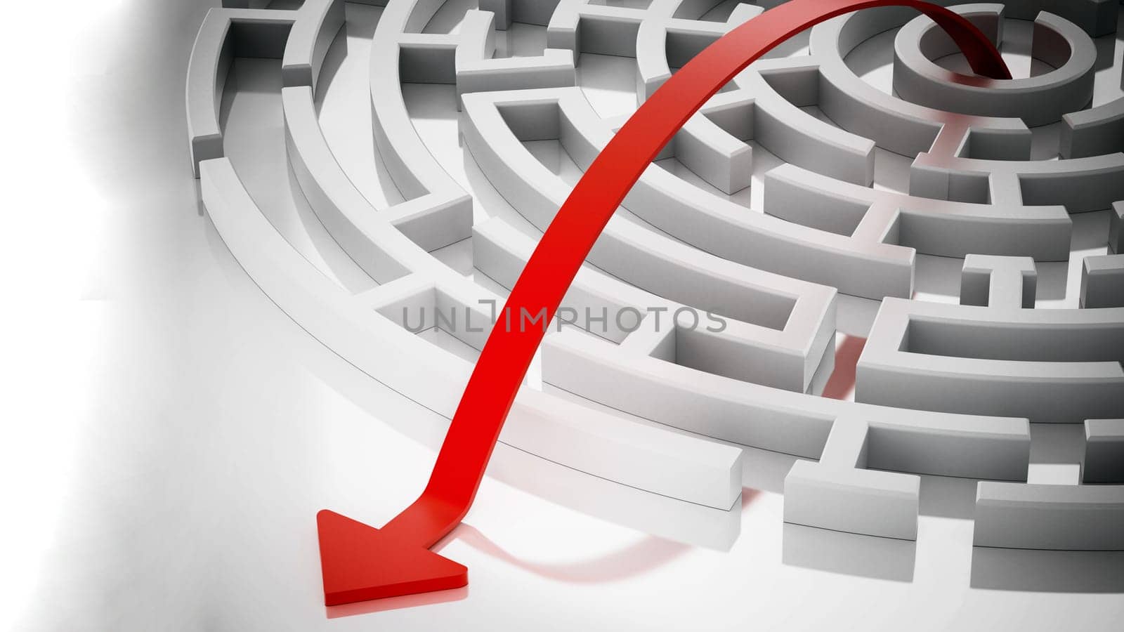 Red line with arrow leading out of the round maze. 3D illustration.