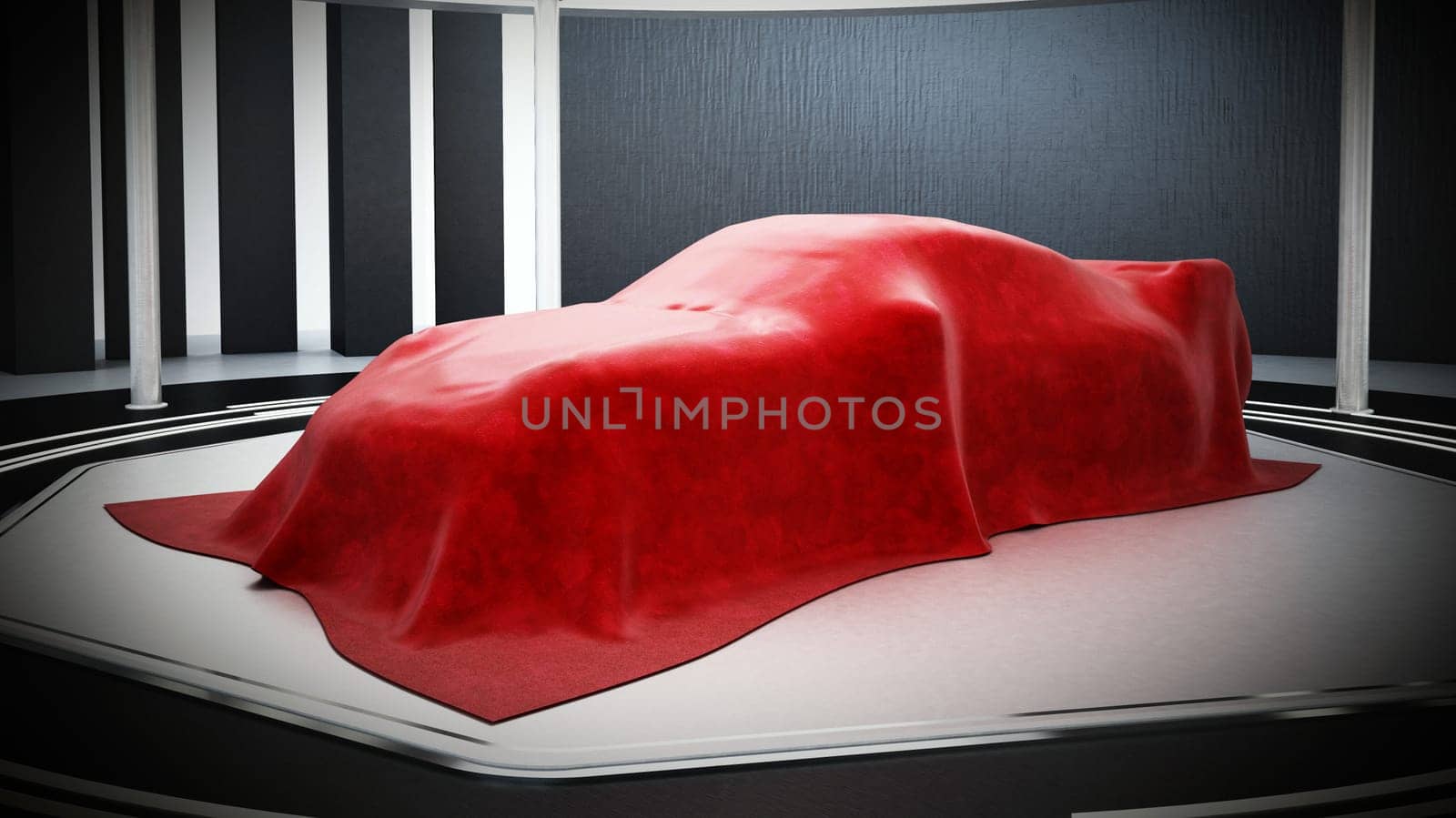 New car model showcase on the podium under the red silk. 3D illustration.